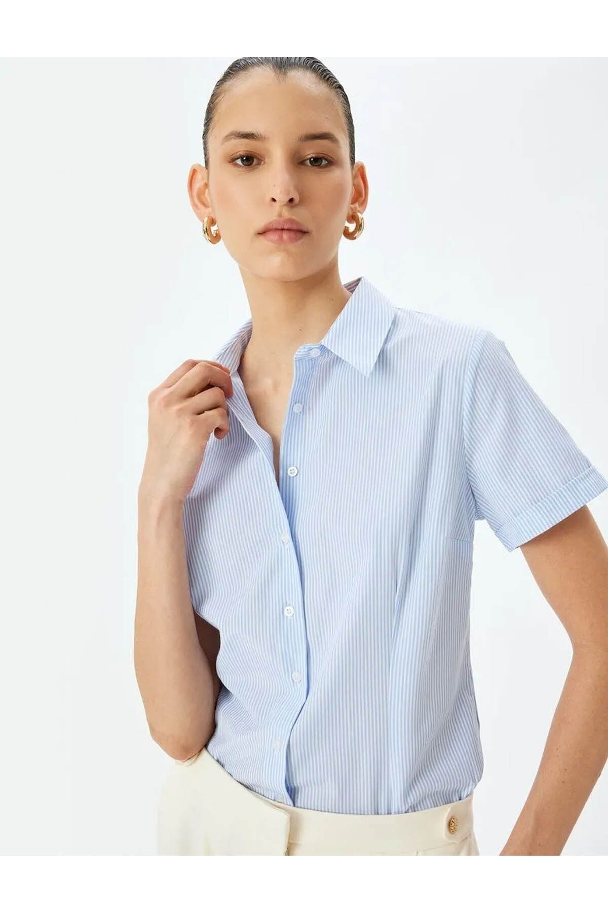Koton Blaues Hemd Mit Klassischem Kragen Und Streifen 5sak60035uw für Damen - 40