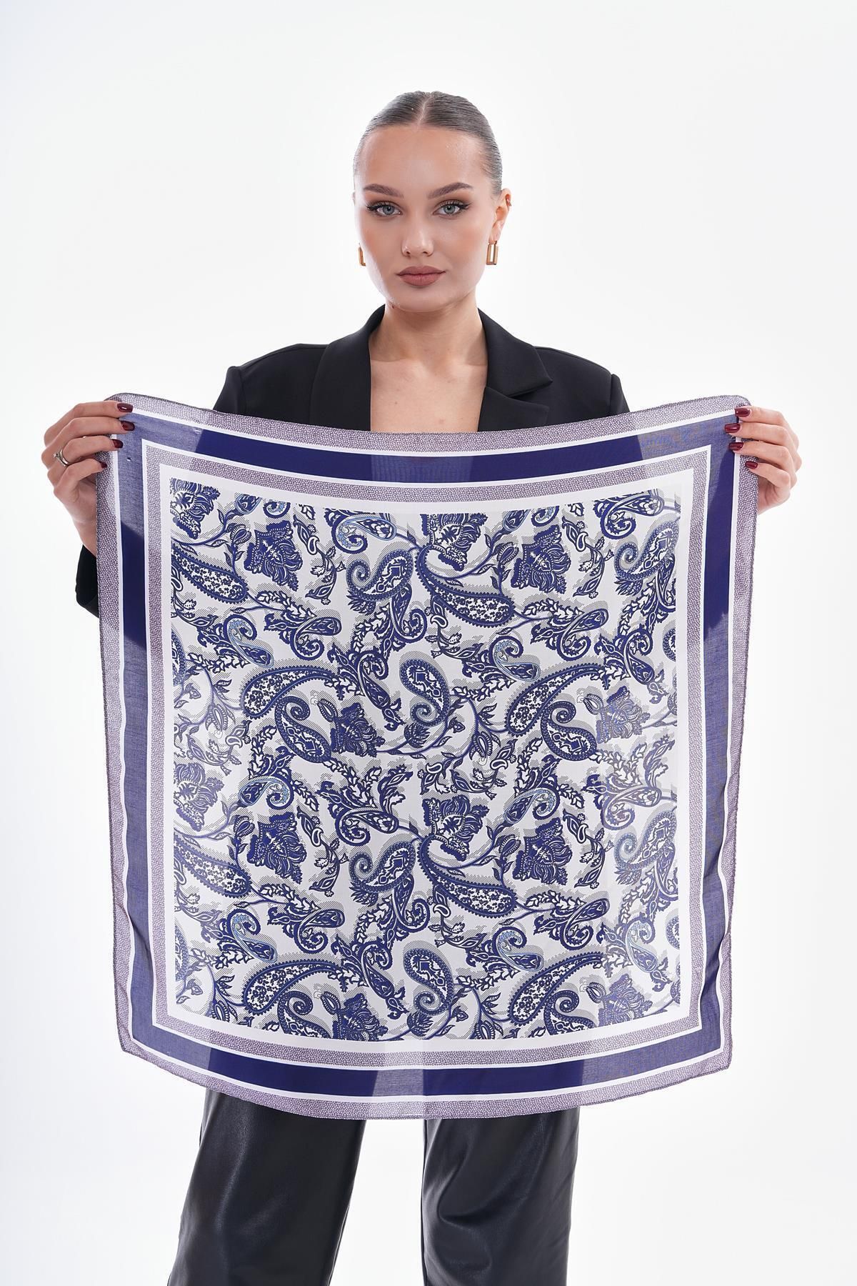 Axesoire-15274 Shawl Patterned Navy Blue Bandana Scarf 70X70 cm 1