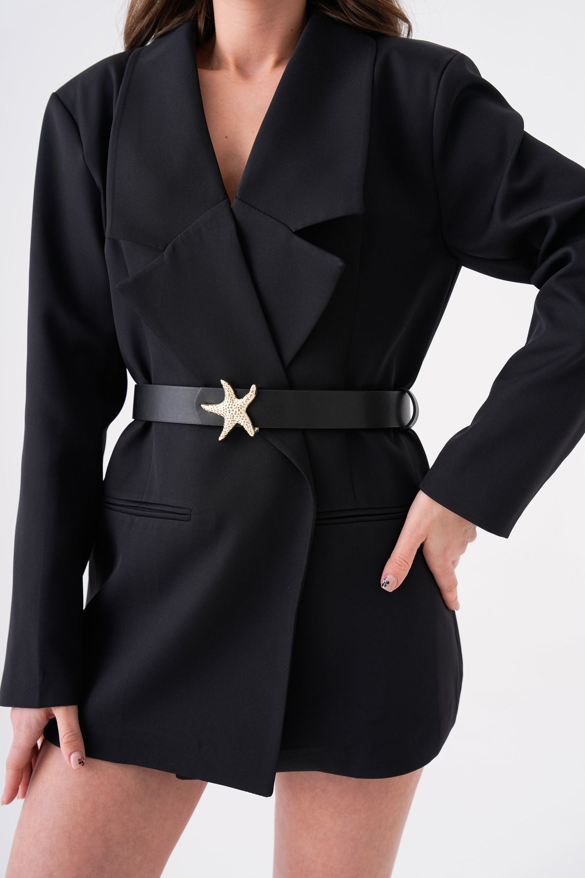 bayansepeti-Faux Leather Black Belt with Star Buckle Detail 7080 3