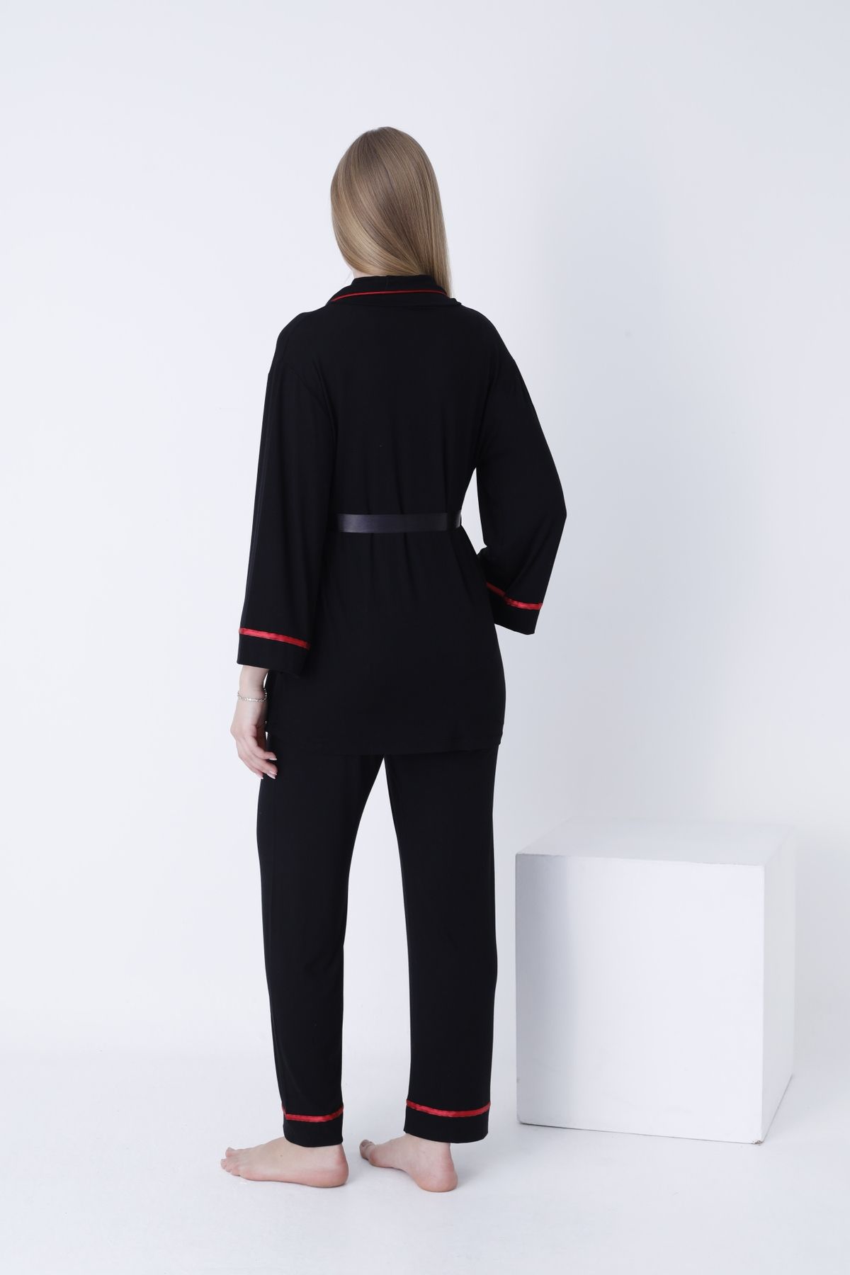Miss Dünya Lissa-Pregnant and Maternity Pajamas Set with Front Tie and Large Stripe Collar 4