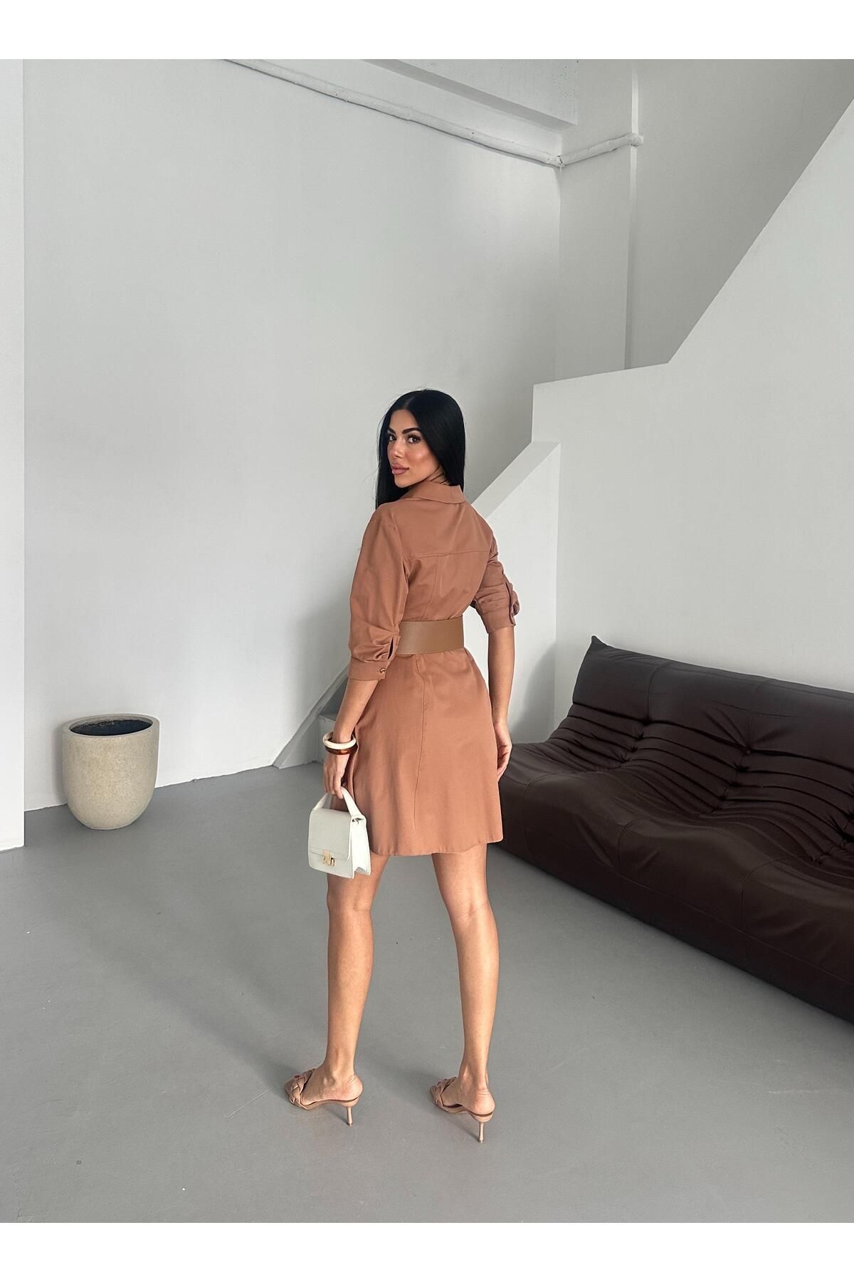 Appleline-Lucy Fabric - Rochie detaliată cu centură cu jumătate de mânecă lungime midi MARO 3