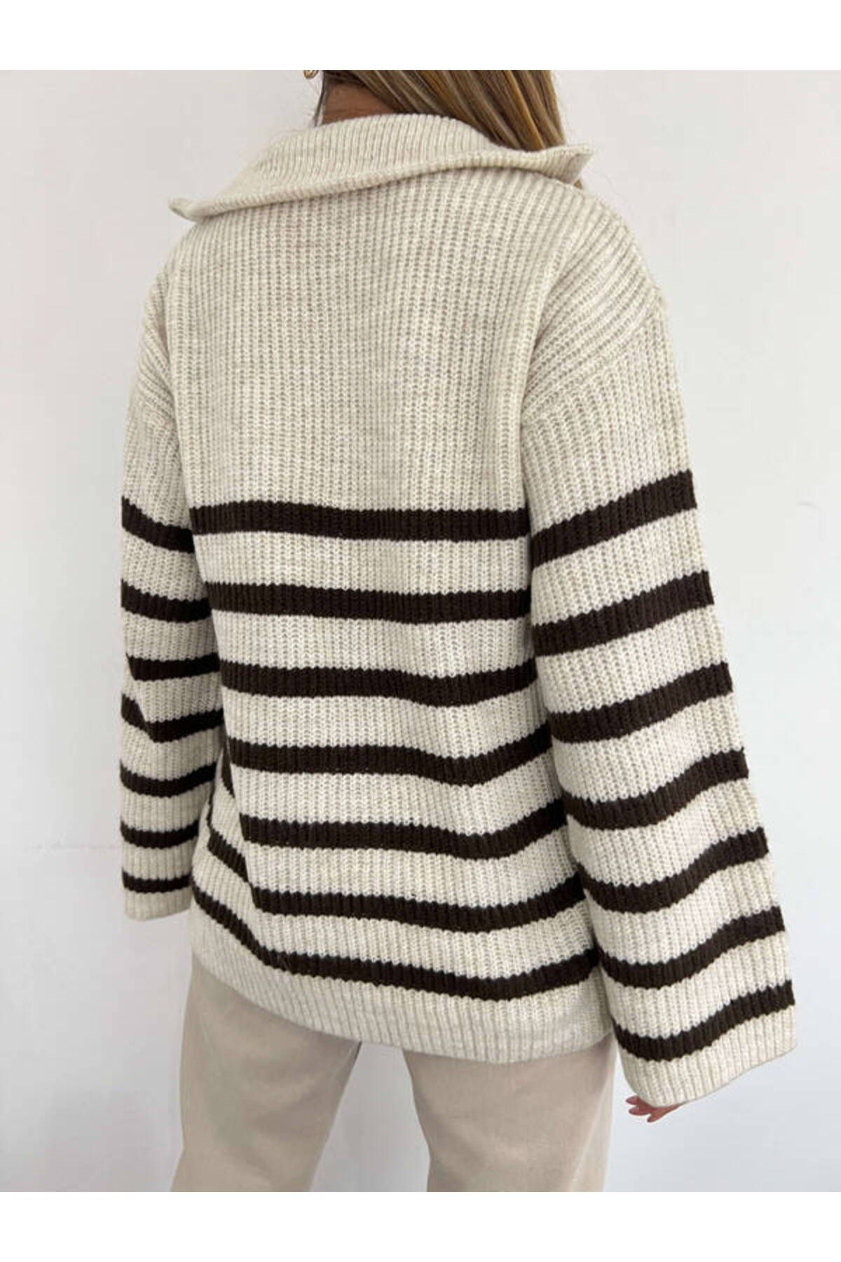 la & vetta-Brown Zippered Oversize Knitwear Sweater 5