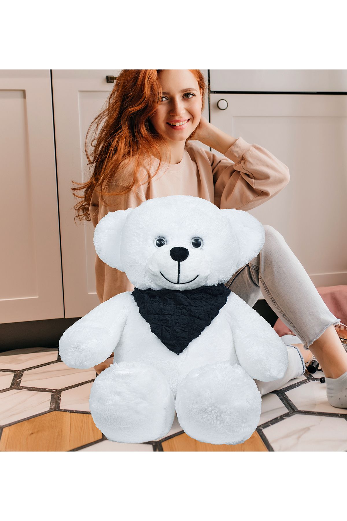 Özgüner Oyuncak-White Plush Teddy Bear with Scarf - Adorable and Soft Big Teddy Bear 1