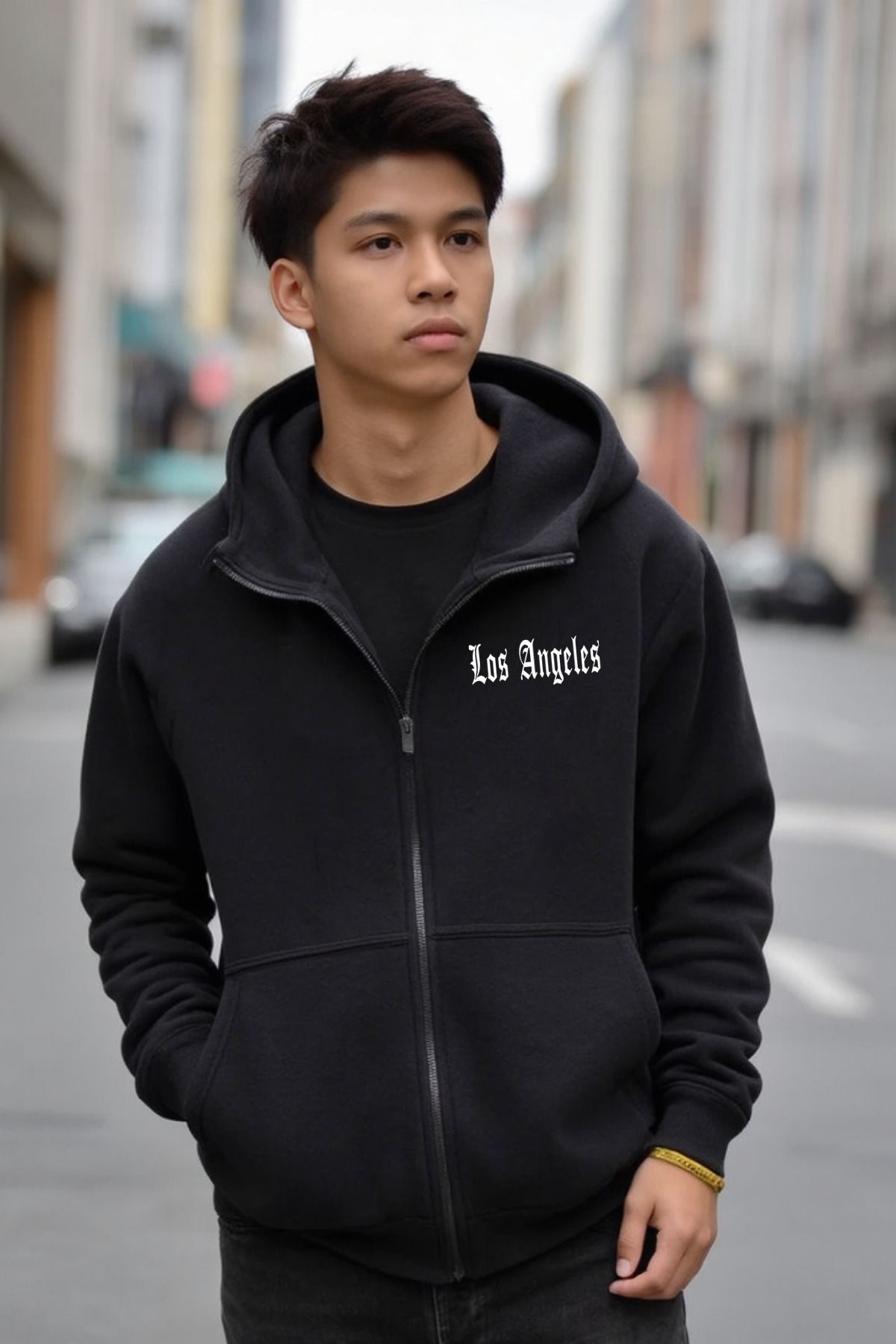 DEEPSENCE-Los Angeles Minimal Unisex Black Hooded Jacket 2