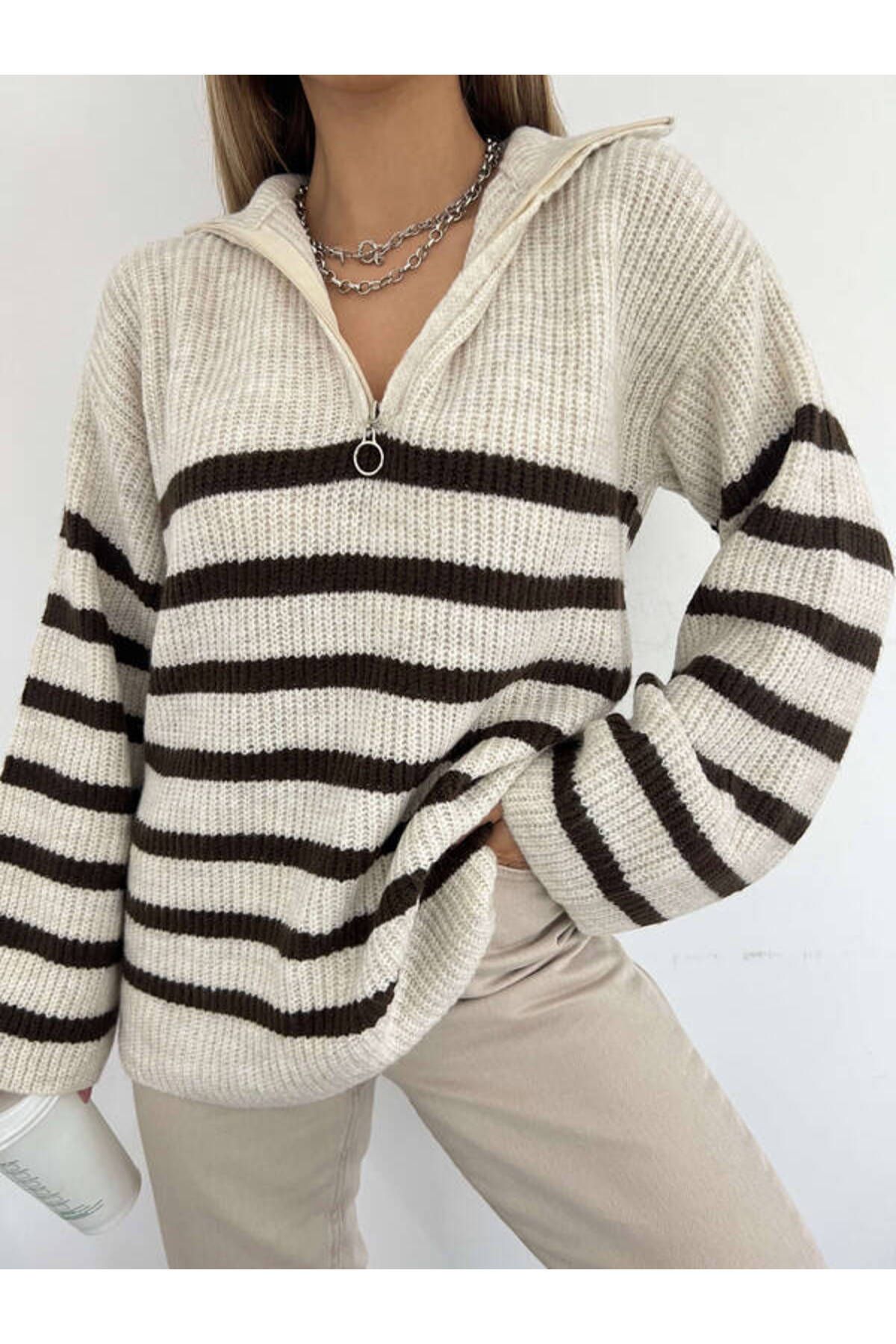 la & vetta-Brown Zippered Oversize Knitwear Sweater 4