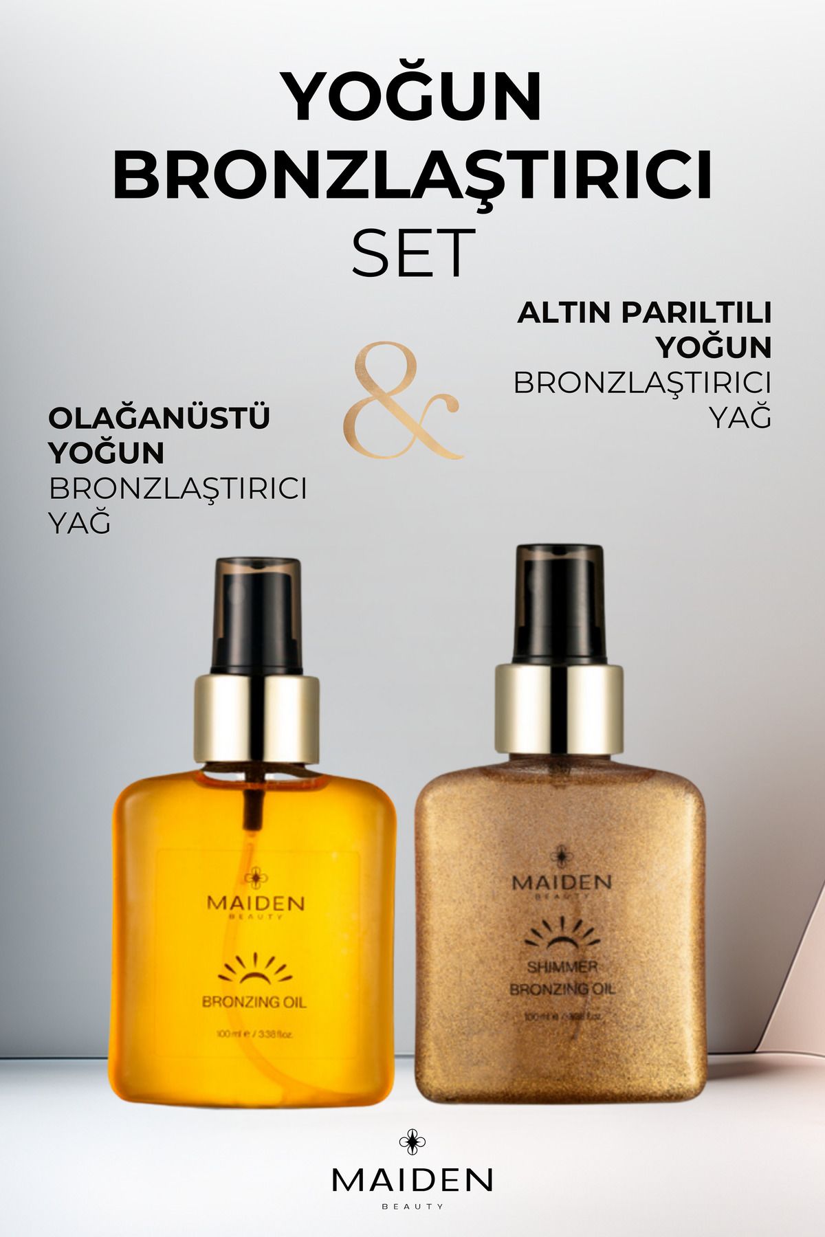 Maiden Beauty Yoğun Bronzlaştırma Set, Yoğun Bronzlaştırma Etkili Altın Parılıtılı & Olağanüstü Bronzlaştırıcı Yağ