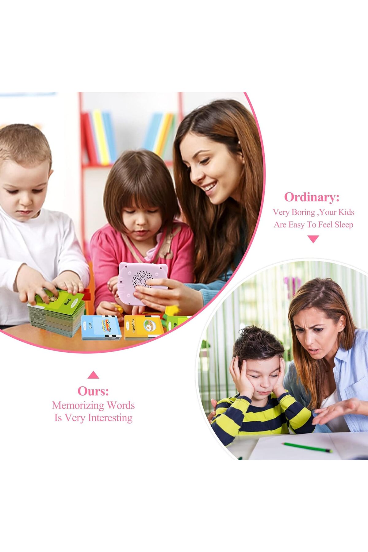 کارتهای فلش صوتی برای نوپاهای ۲ تا ۴ ساله، ۱۱۲ کارت، ۲۲۴ کلمه، اسباببازی آموزشی کلمات دیداری (صورتی)