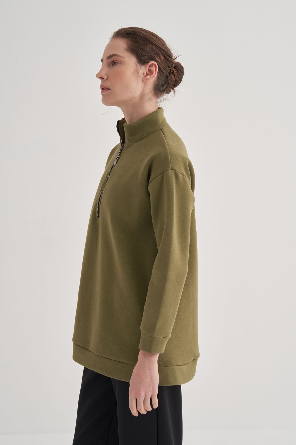 EBU Prive-Olive Green Women's Half Zipper Raised Sweatshirt 6