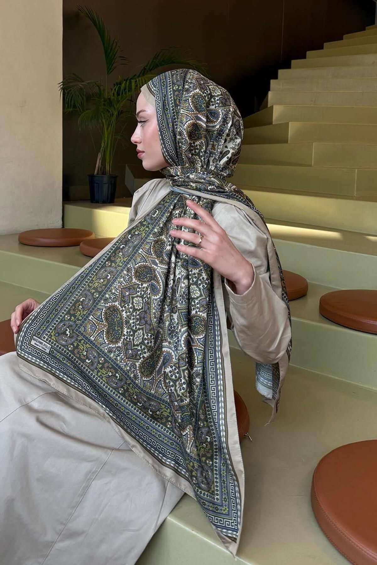lamelif.com-Oil Green Retro Patterned Soft Shawl 4