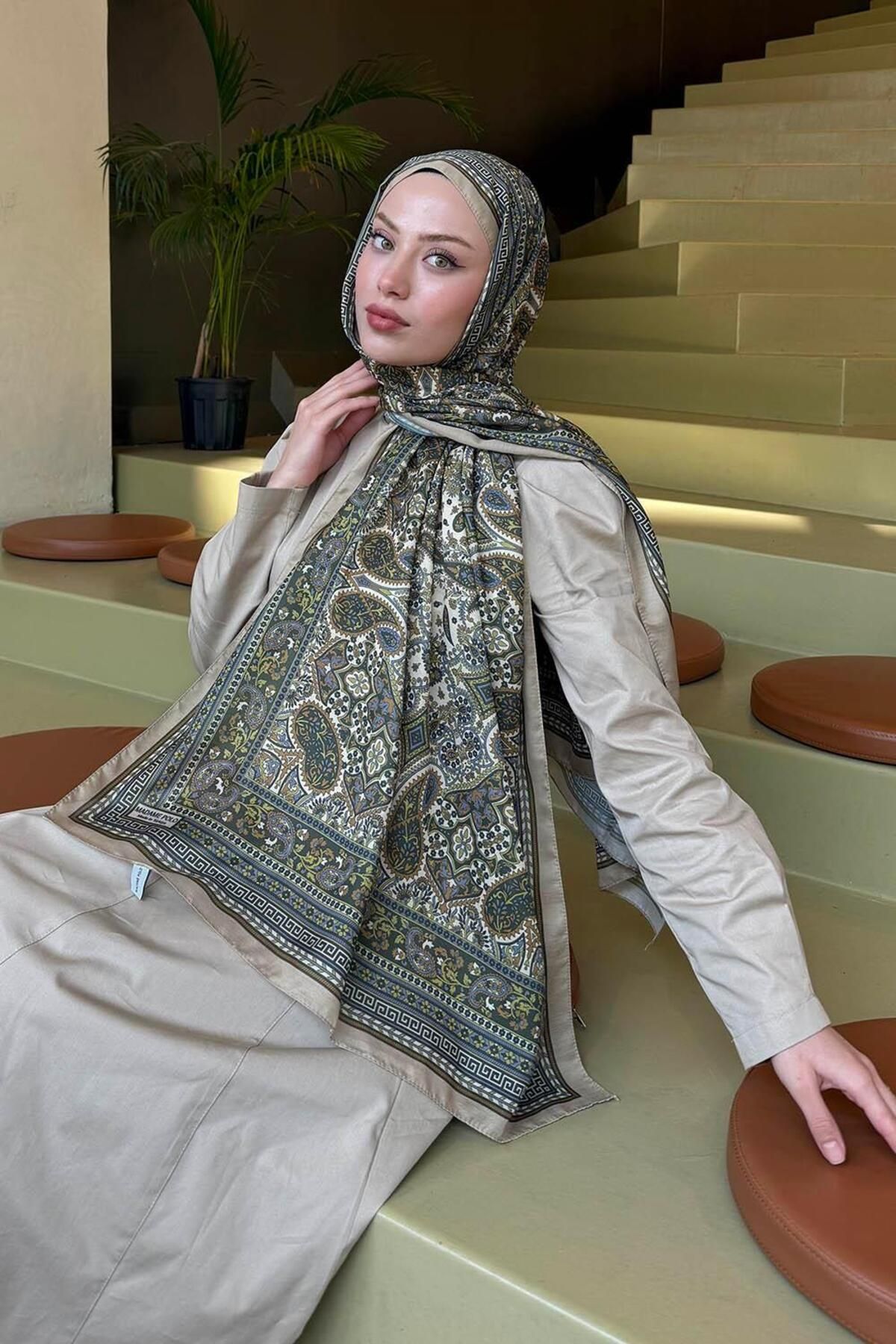 lamelif.com-Oil Green Retro Patterned Soft Shawl 2