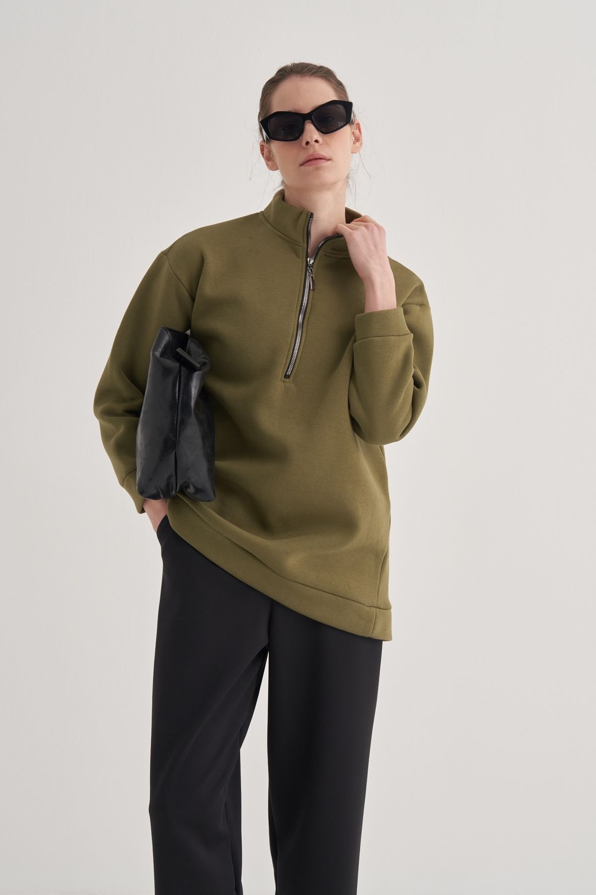 EBU Prive-Olive Green Women's Half Zipper Raised Sweatshirt 5