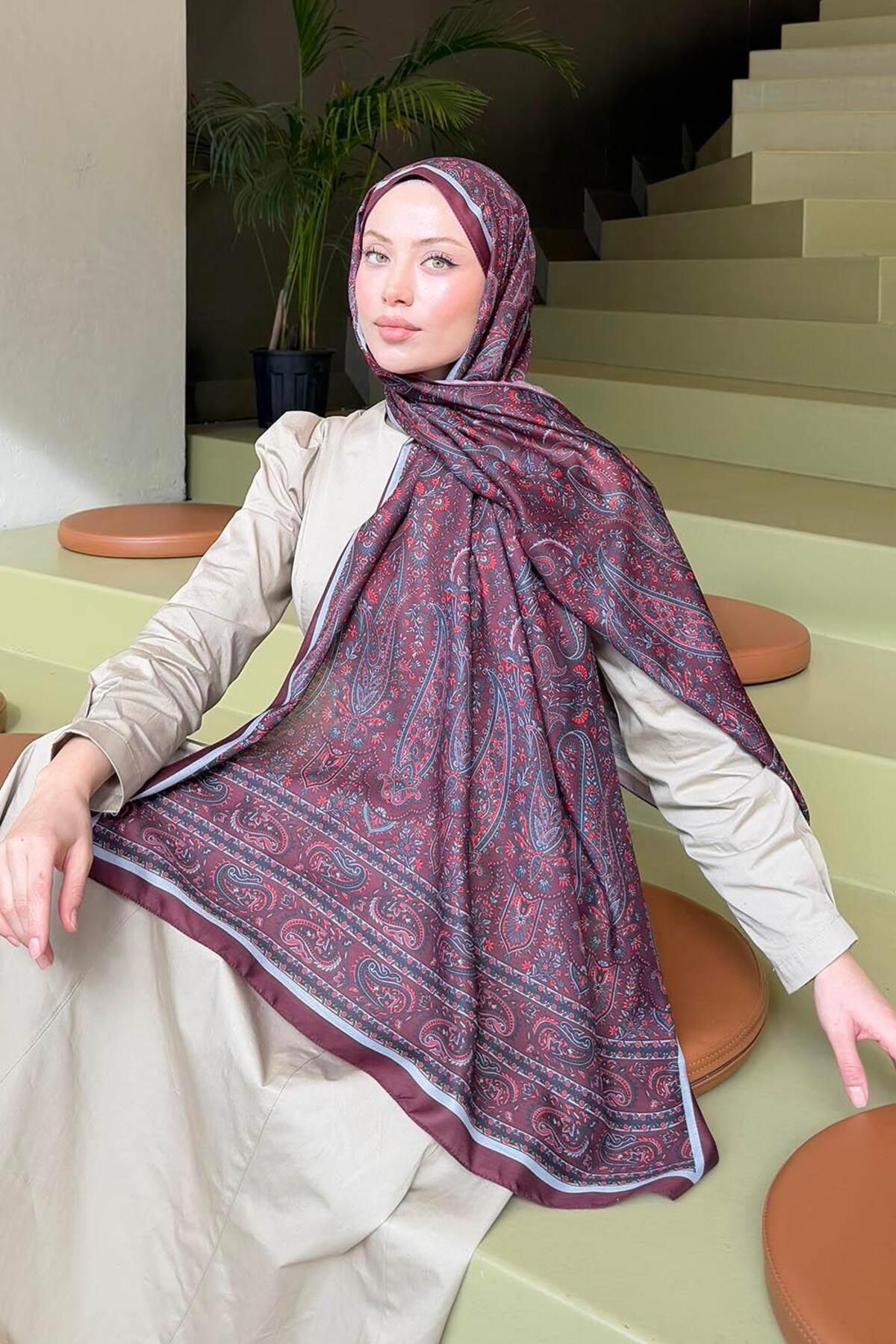 lamelif.com-Retro Patterned Soft Shawl Dark Burgundy 2