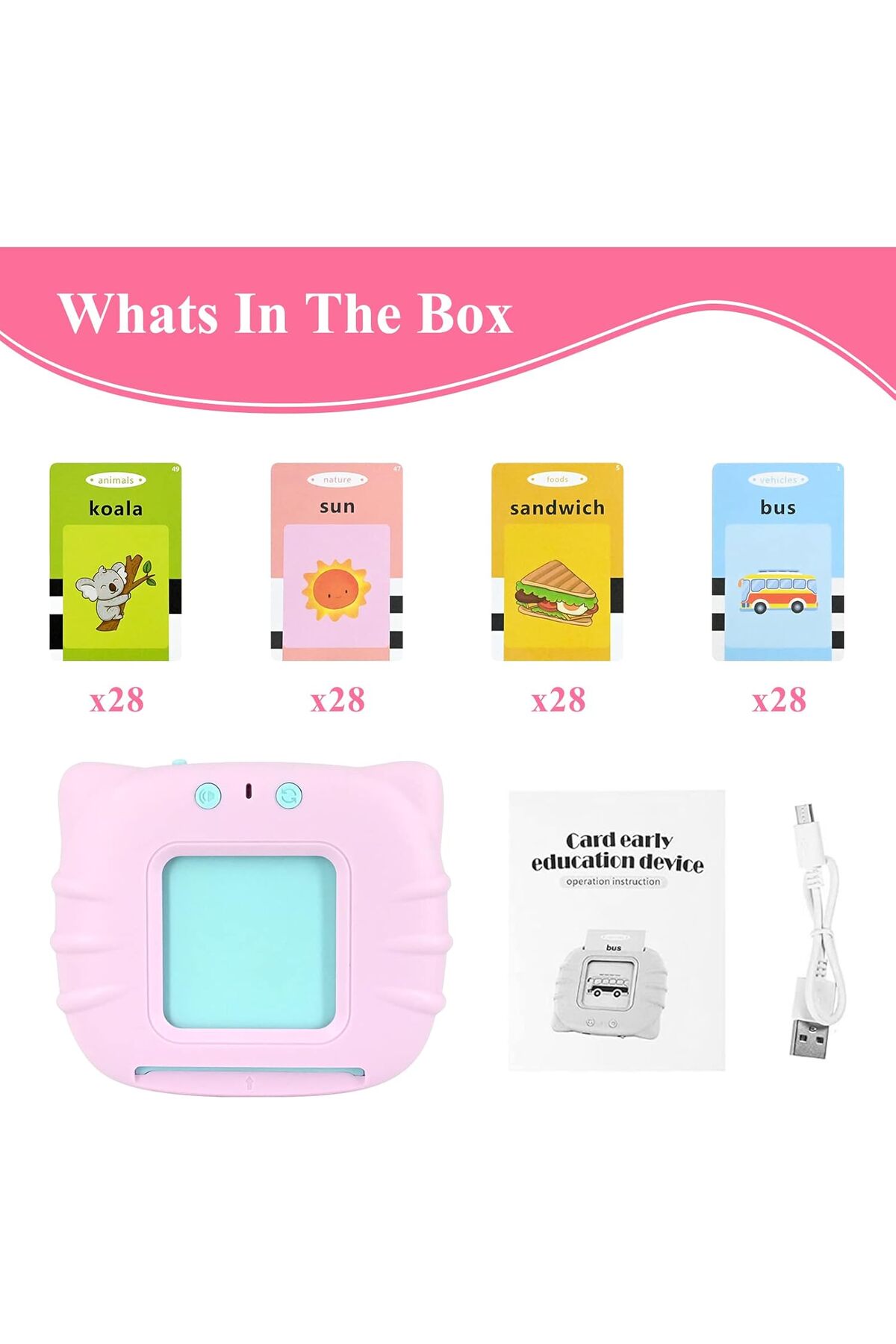 کارتهای فلش صوتی برای نوپاهای ۲ تا ۴ ساله، ۱۱۲ کارت، ۲۲۴ کلمه، اسباببازی آموزشی کلمات دیداری (صورتی)