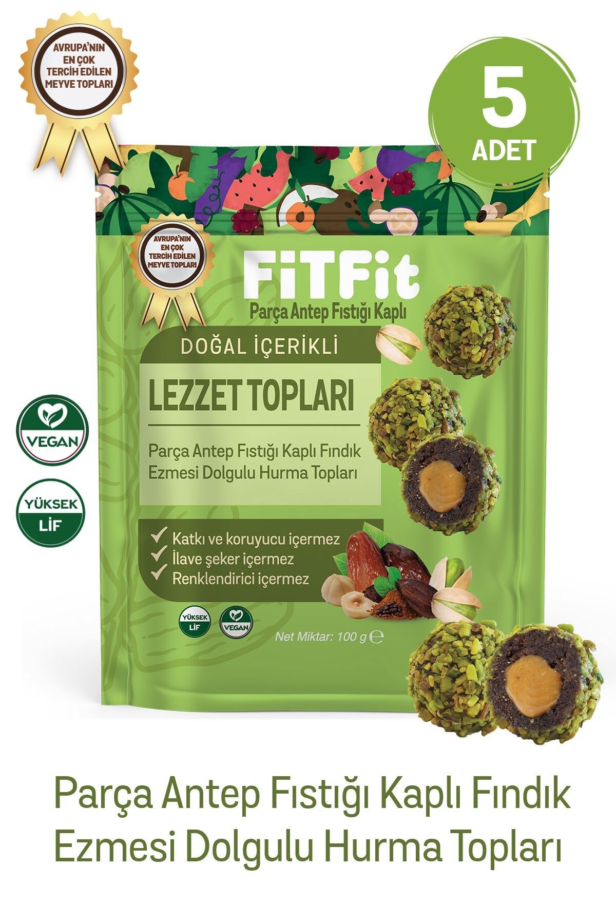 FitFit Antep Fıstıklı Ve Hurmalı Meyve Topu Glutensiz, Sağlıklı Atıştırmalık 100gr X 5 Adet