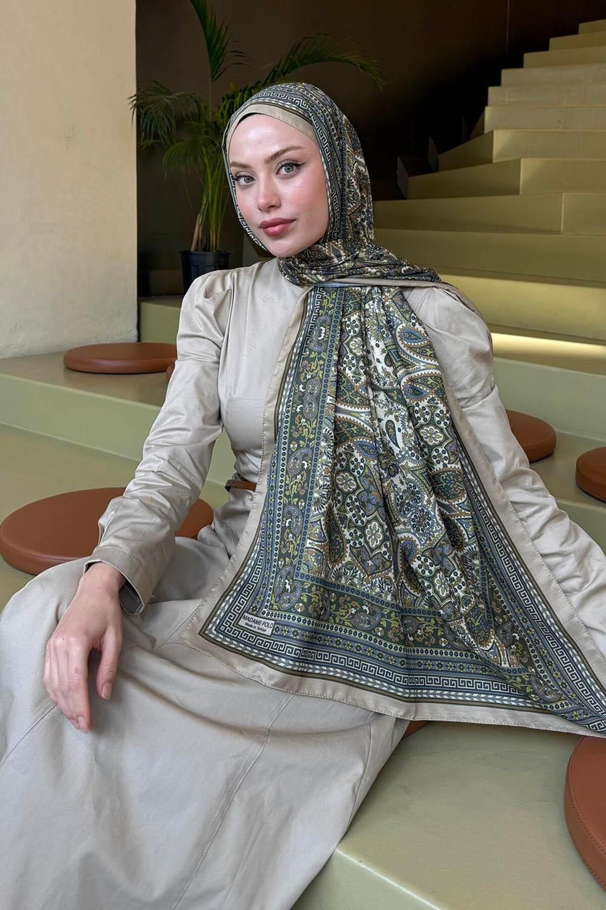 lamelif.com-Oil Green Retro Patterned Soft Shawl 3