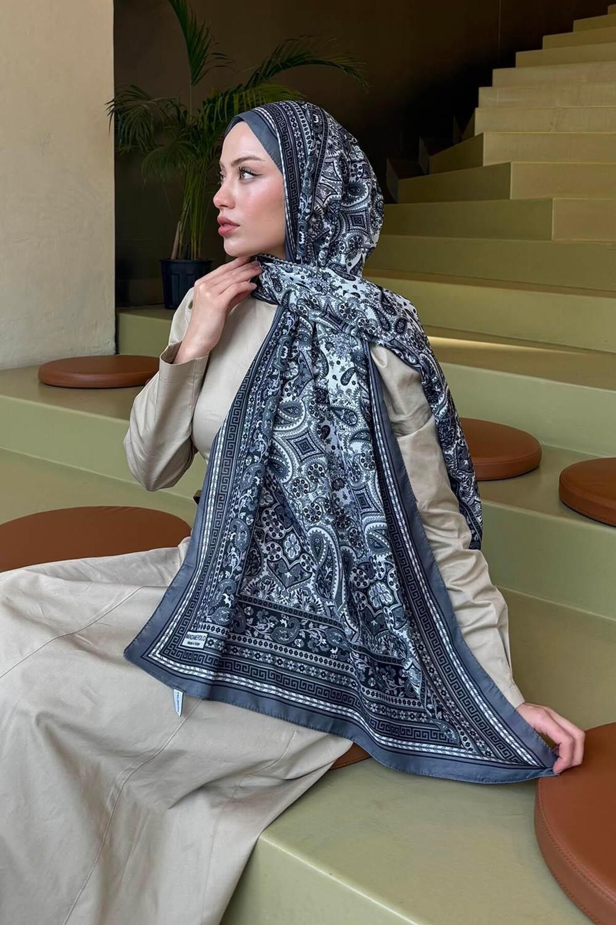 lamelif.com-Anthracite Retro Patterned Soft Shawl 4
