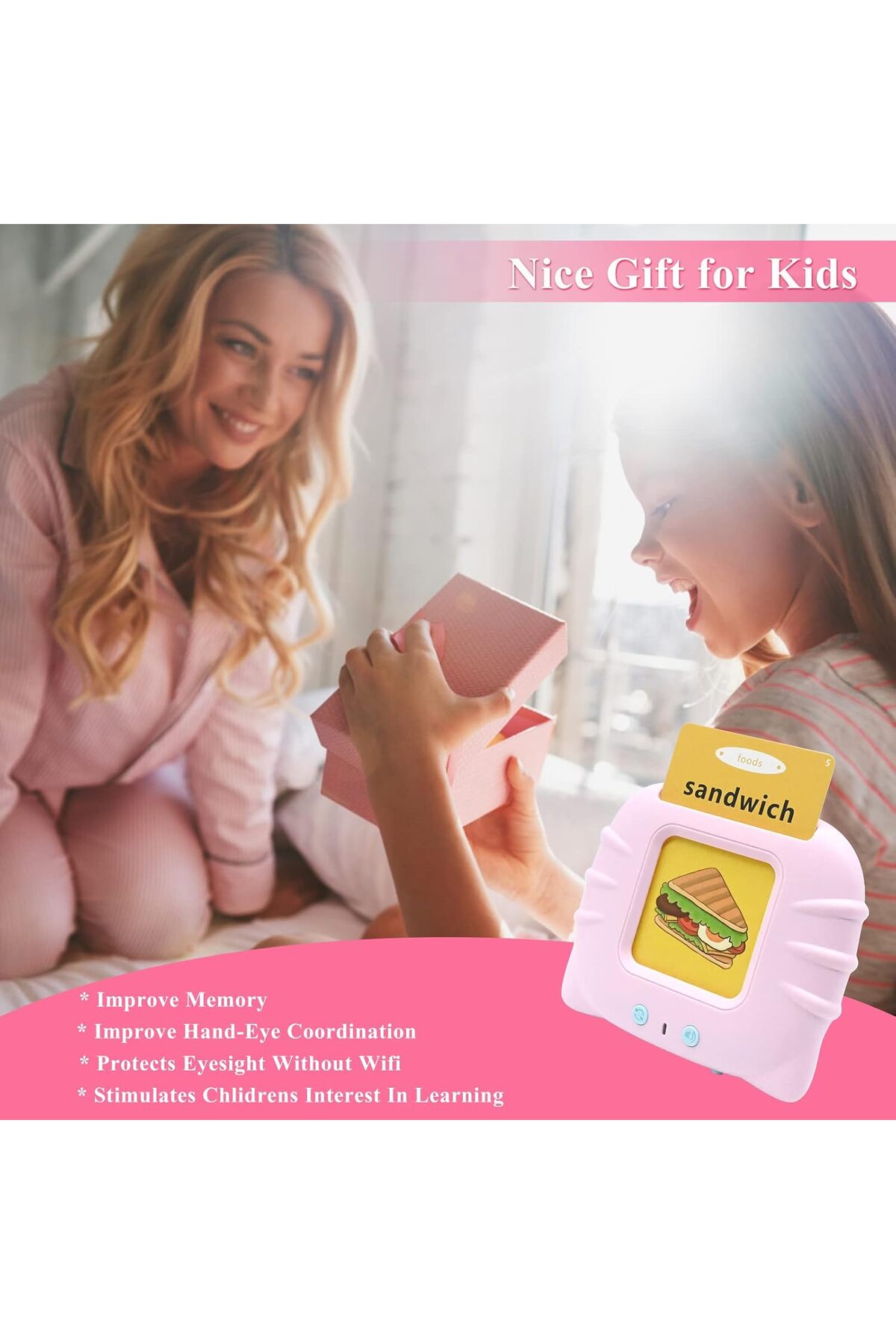 کارتهای فلش صوتی برای نوپاهای ۲ تا ۴ ساله، ۱۱۲ کارت، ۲۲۴ کلمه، اسباببازی آموزشی کلمات دیداری (صورتی)