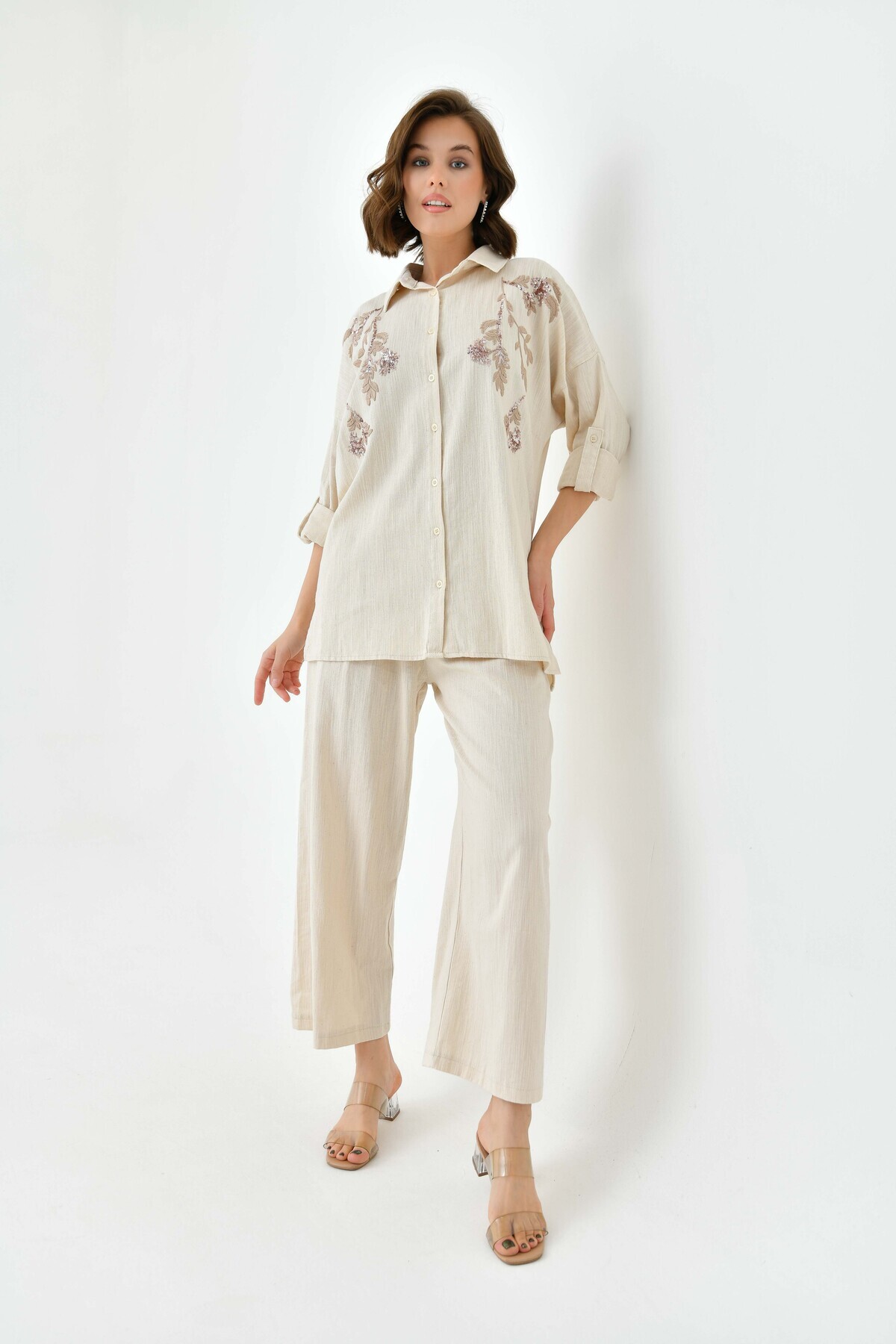 MVStore-Women's Sequin Embroidery Stone Embroidered Flam Linen Shirt and Pants Set 7