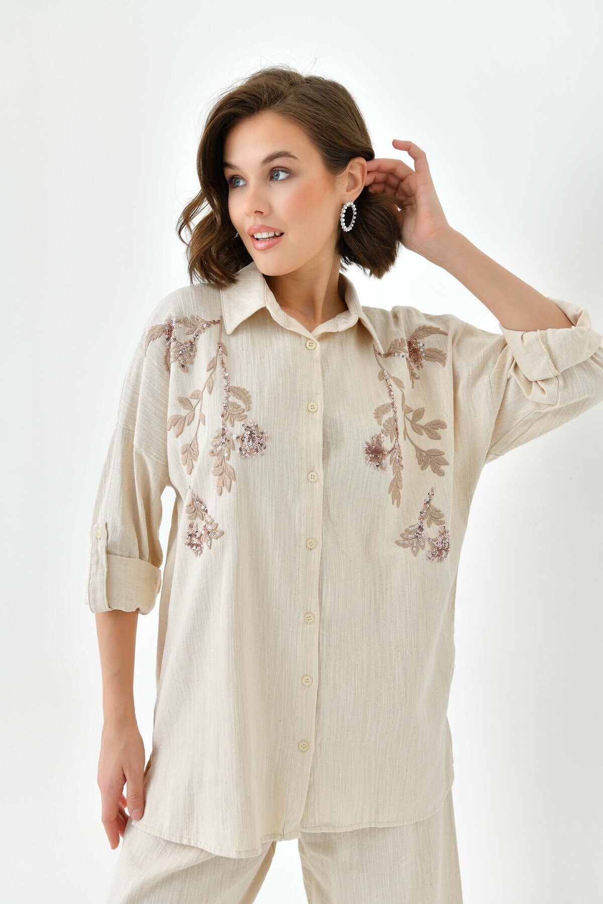 MVStore-Women's Sequin Embroidery Stone Embroidered Flam Linen Shirt and Pants Set 3