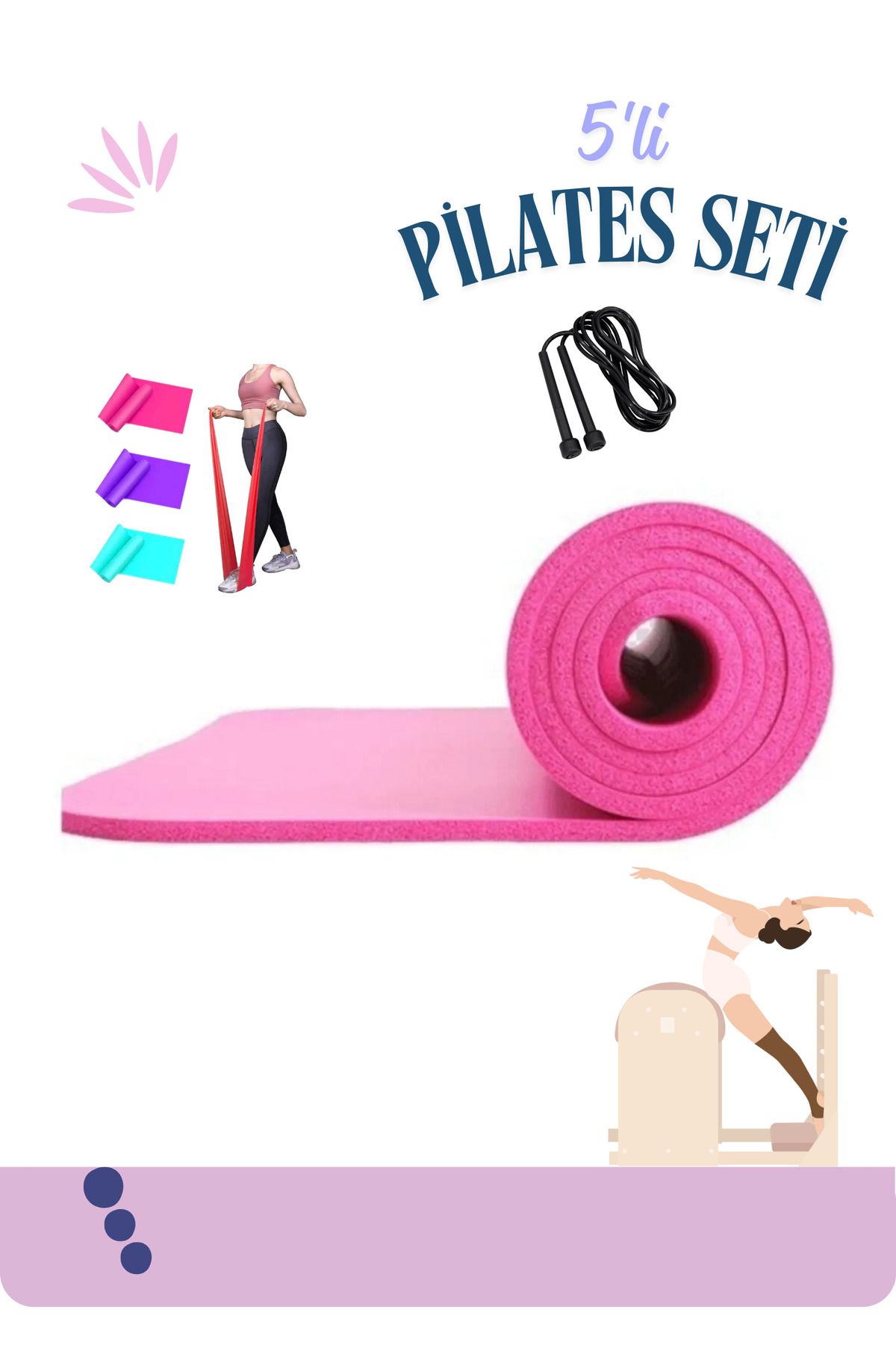 MEKOS 5 li Pilates Seti Pilates Minderi 3 adet Pilates Bandı (Direnç Lastiği) ve Atlama İpi