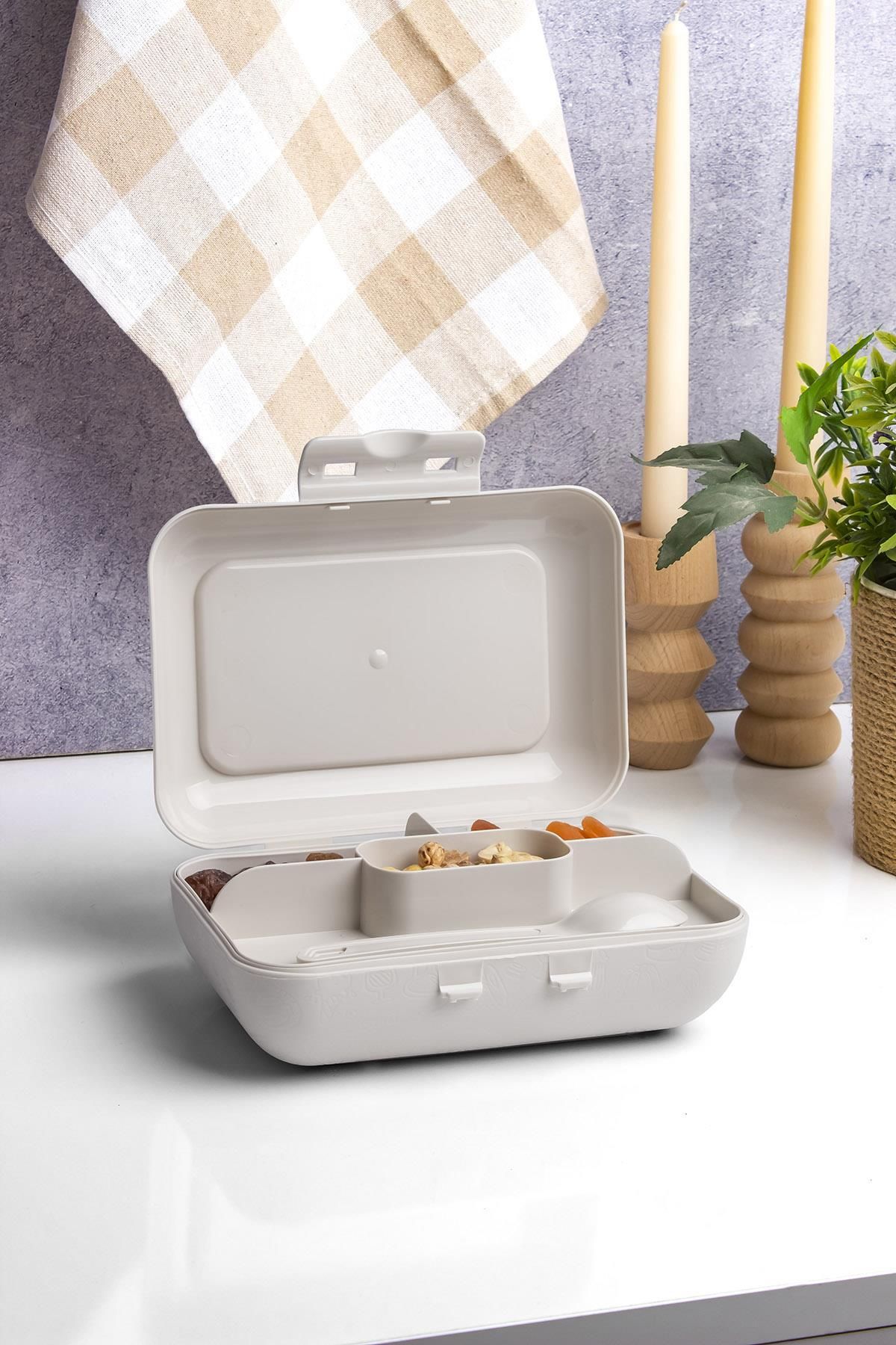 Okyanus Home-Beige Lunch Box 2 Layers 5 Compartments Lunch Box with Self Fork and Spoon 3