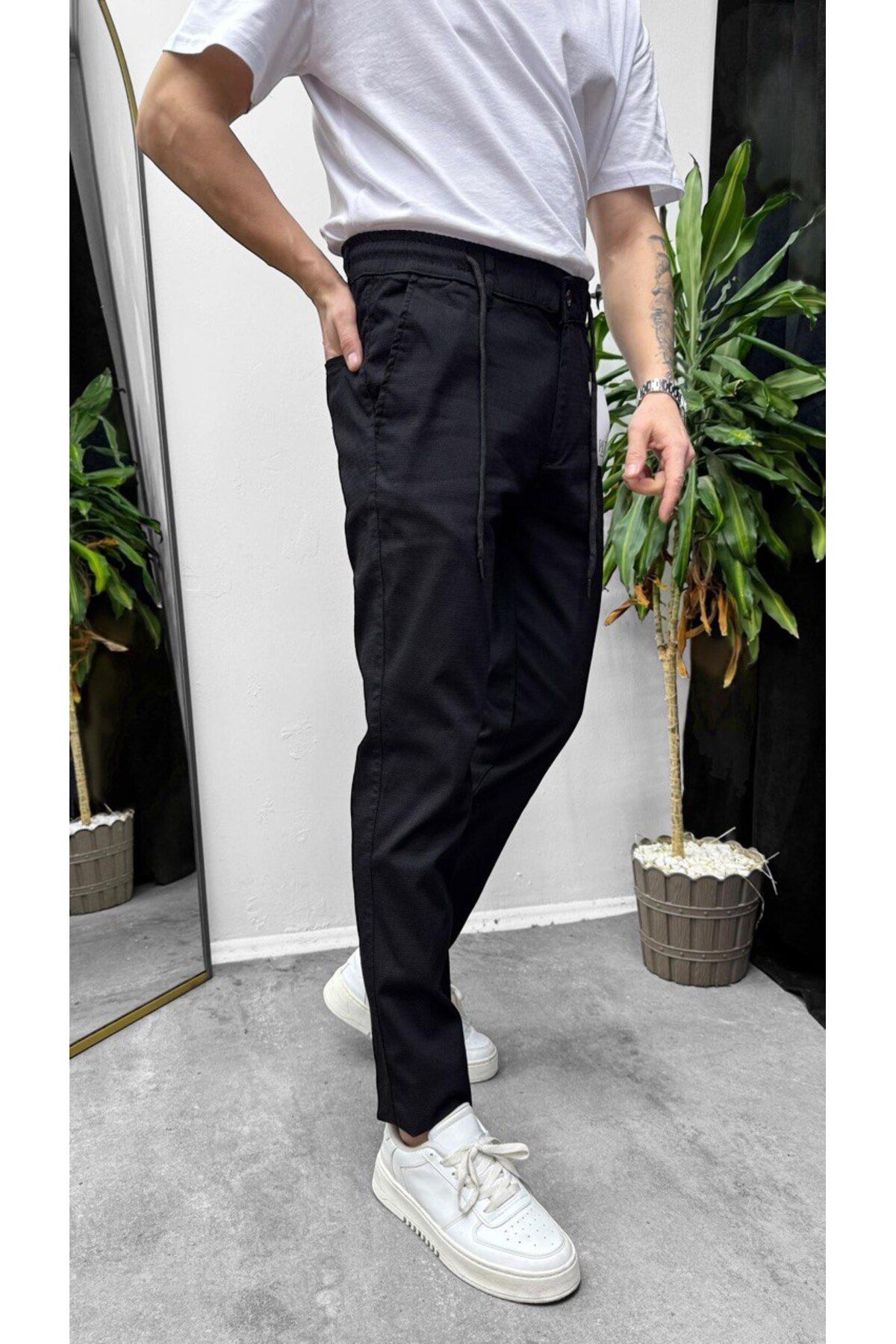 Zoom King-New Season Men's Rope Detailed Rubber Belt Dobby Linen Trousers 3