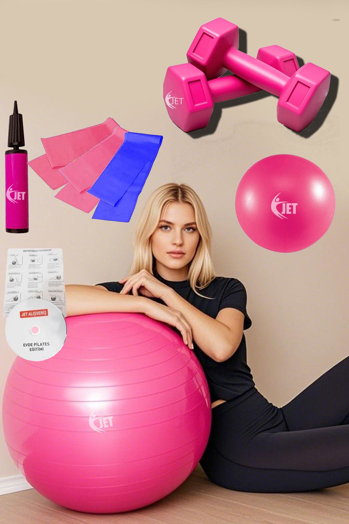 Jet Ekonomik Pilates Seti 9 Parça İçeren Ev & Salon Tipi Plates Seti 3 Lü Direnç Bandı 1 KG Dambıl