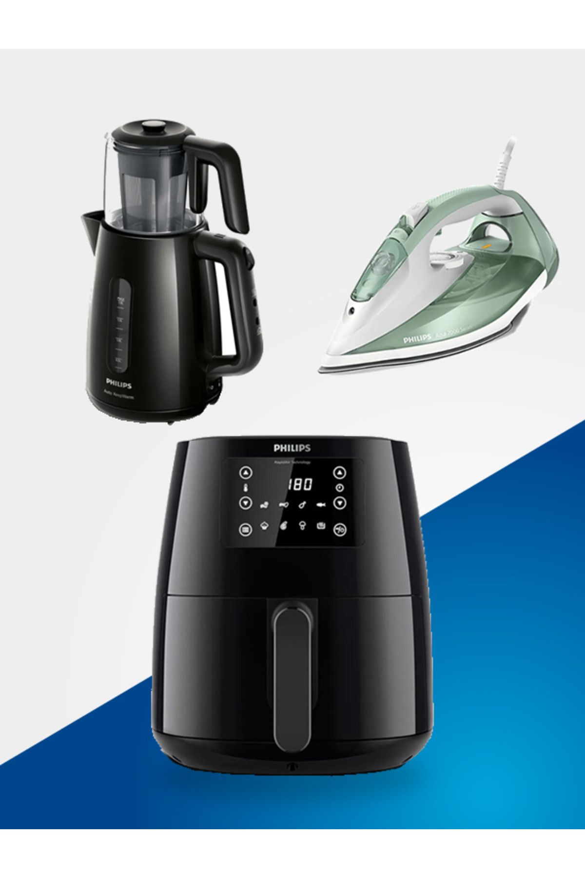 Philips HD9243 Airfryer, DST7012 Buharlı Ütü, HD7301 Çay Makinesi 3'lü Set