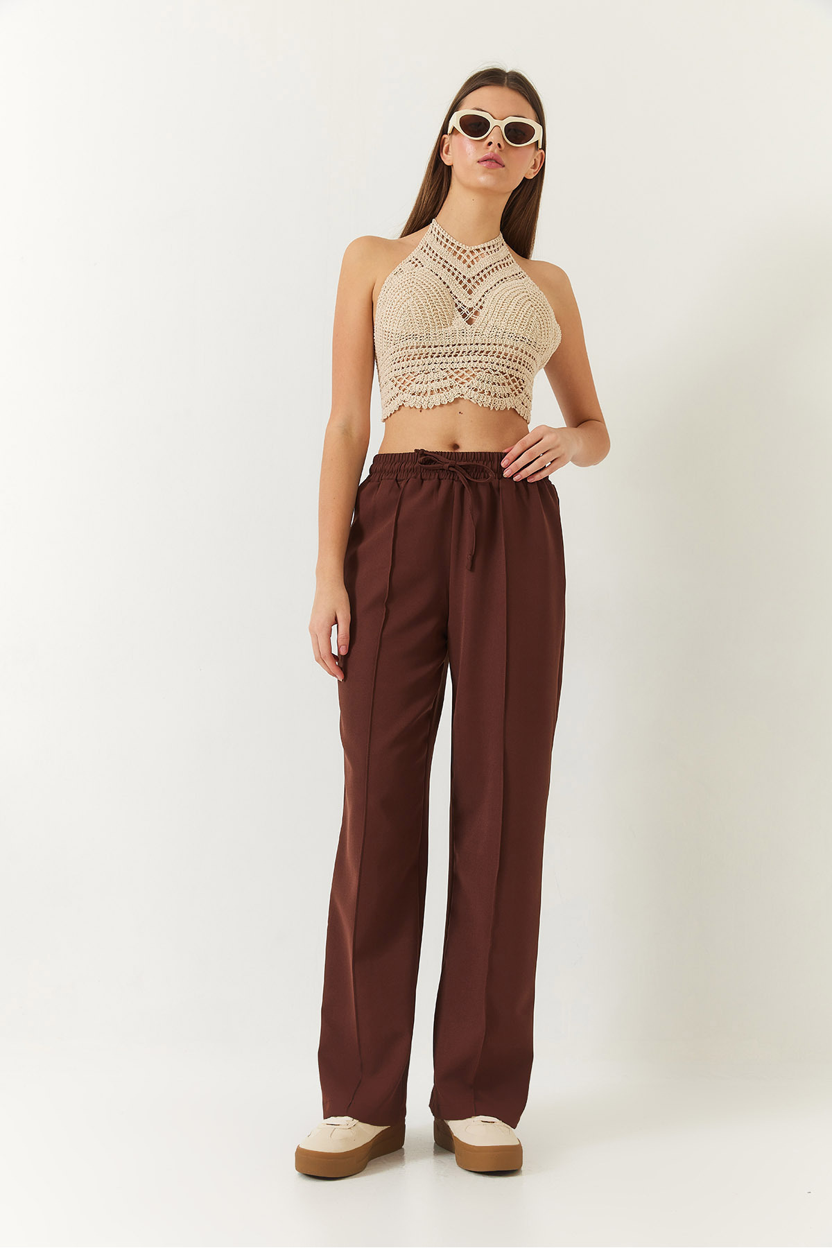 Bianco Lucci-Women's Elastic Waist Tied Double Palazzo Trousers 4009 60271030 2
