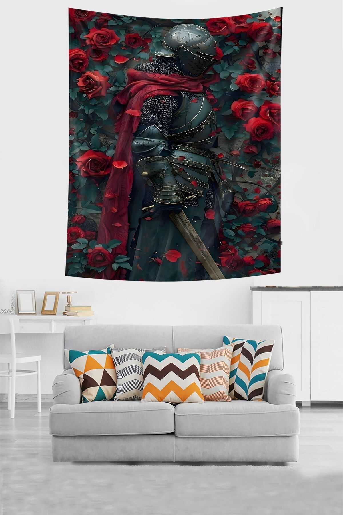 on the clouds-Red Rose Detailed Knight with Sword Tapestry - Non-Stick Fabric, Wall Cover and Carpet 2