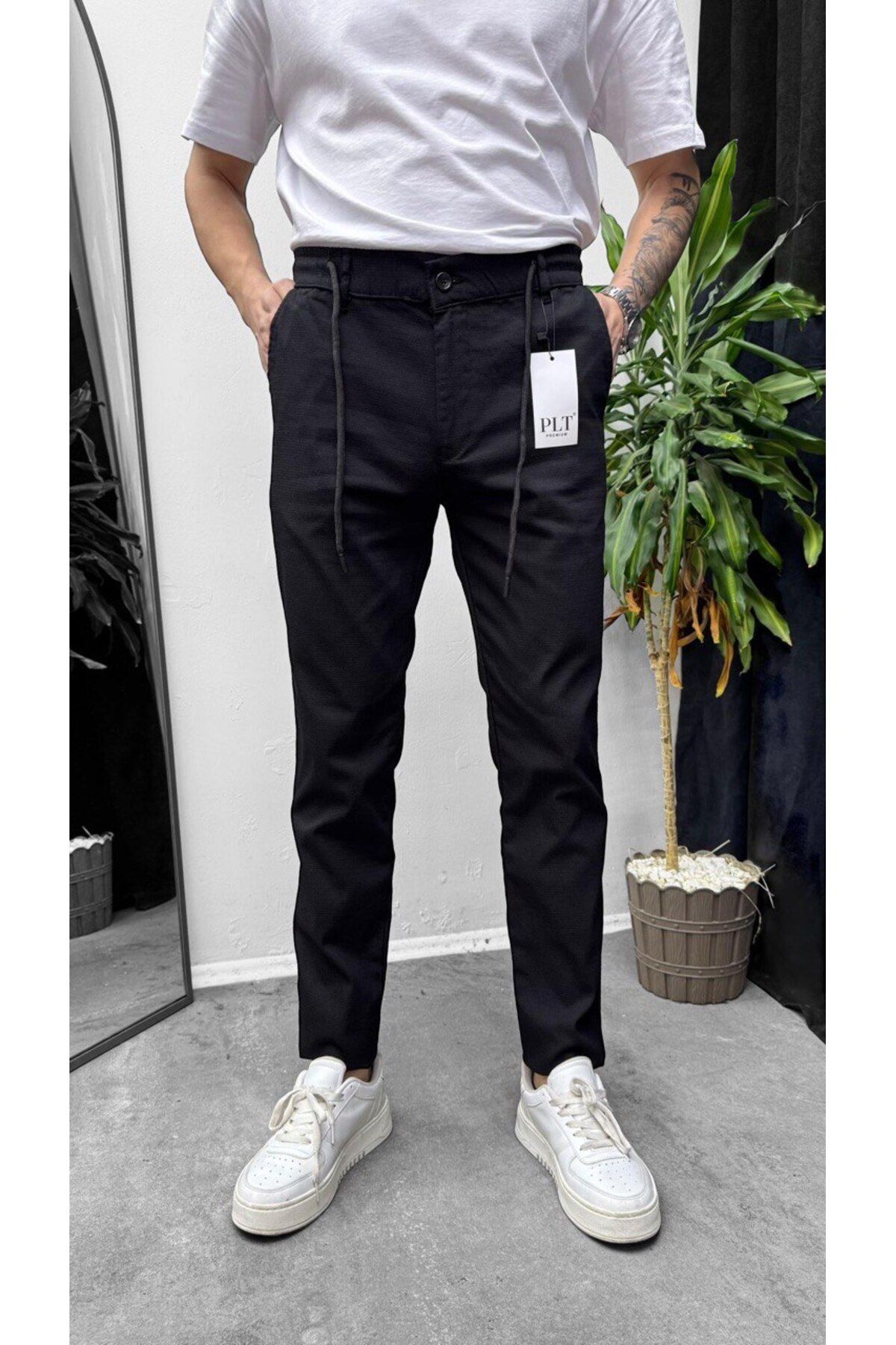 Zoom King-New Season Men's Rope Detailed Rubber Belt Dobby Linen Trousers 2