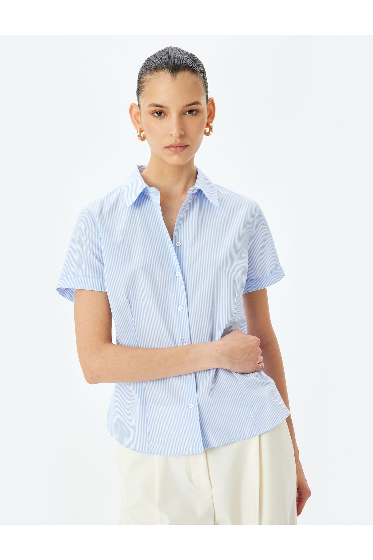 Koton-New Season Classic Lapel Striped Short Sleeve Poplin Shirt 3