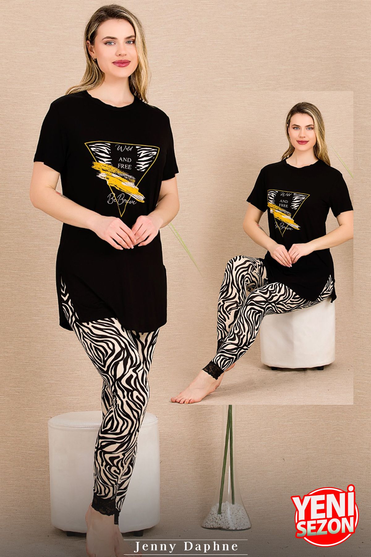 Jenny Daphne Lady Zebra Desenli Maşetli Paçalı Kısa Kollu Pijama Takımı 12484