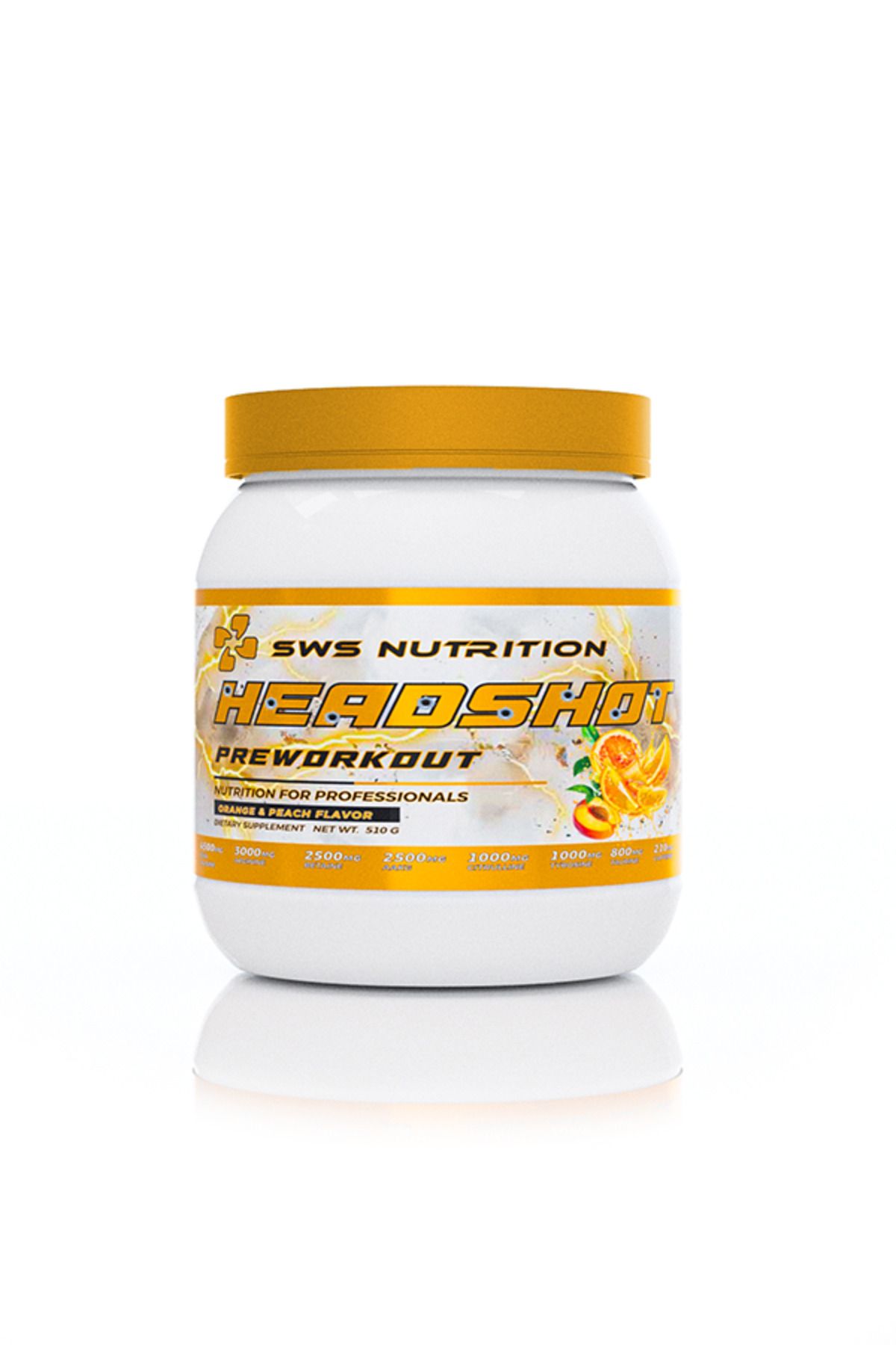 sws nutrition Headshot Pre Workout | Portakal Şeftali | 510 gr 30 servis | Kafein içeren pre workout sporcu gıdası