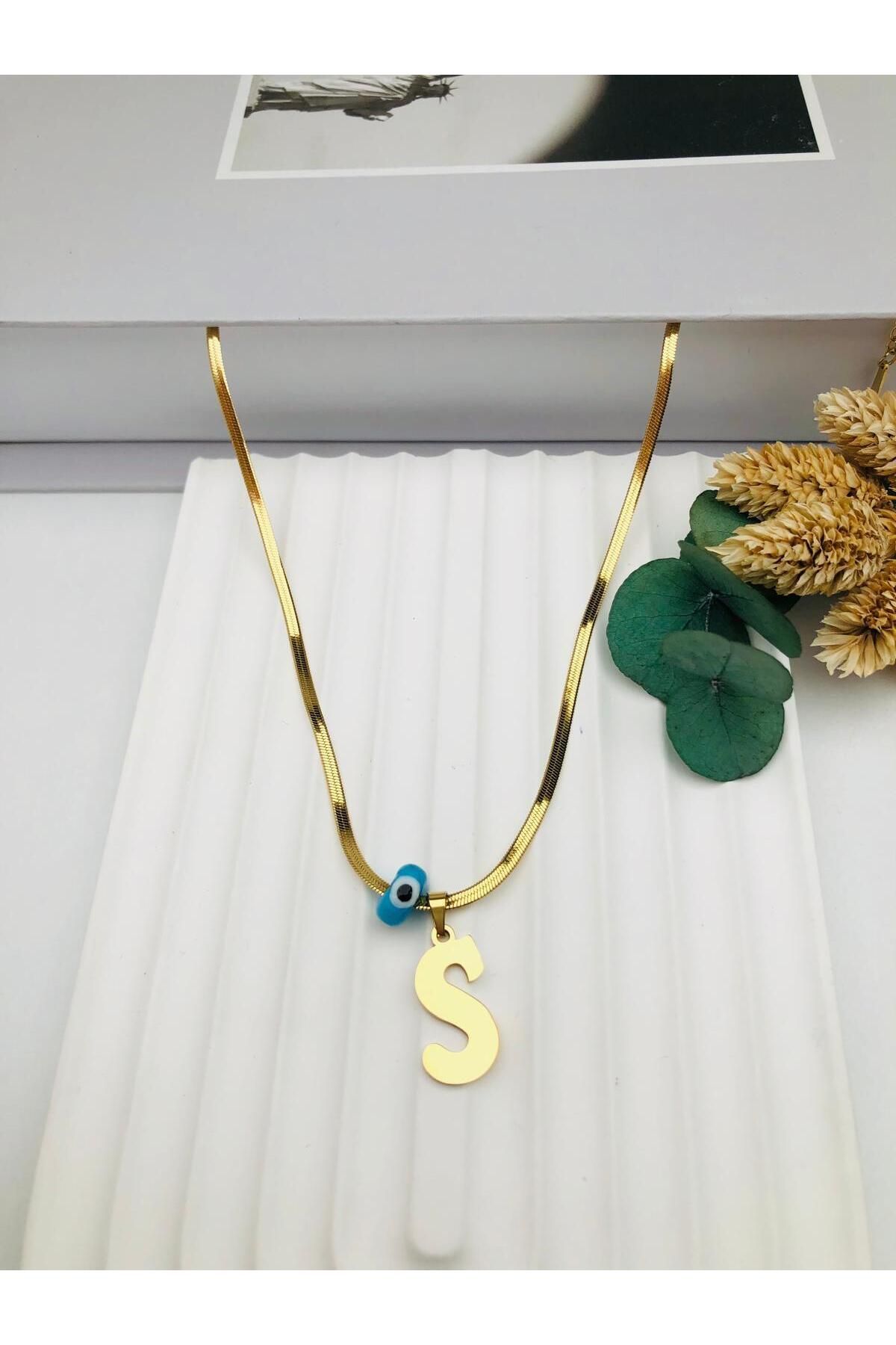 nerede bulurum Nazar Boncuklu İtalyan (S) Harf Çelik Kolye 45 cm (Gold) 0106246