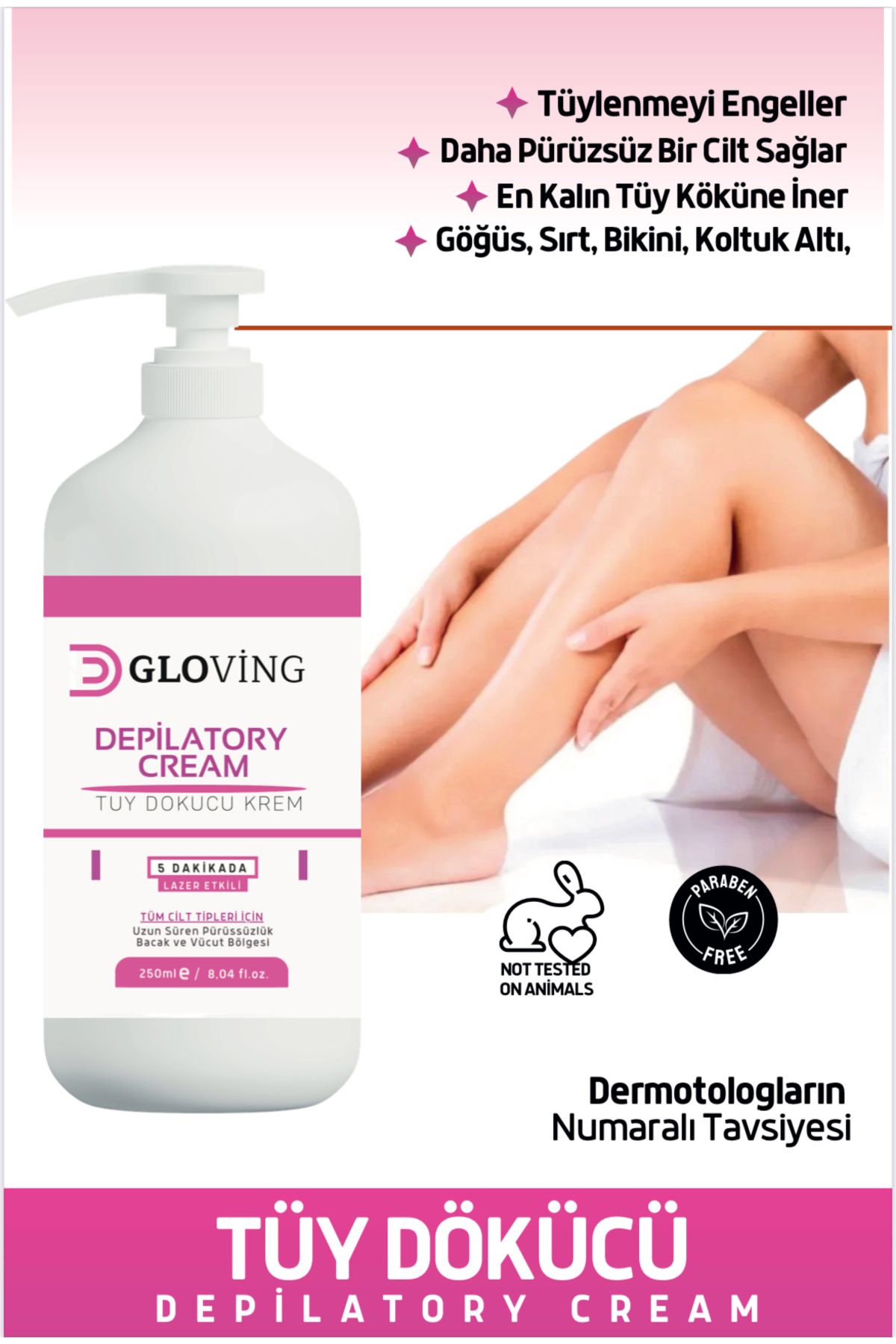 GLOVING SKIN CARE Lazer Etkili Tüy Dökücü1Ve Tüy Azaltıcı Epilasyon Krem Tüm Cilt Tipleri Için (ÖZEL FORMÜL) 250 ml