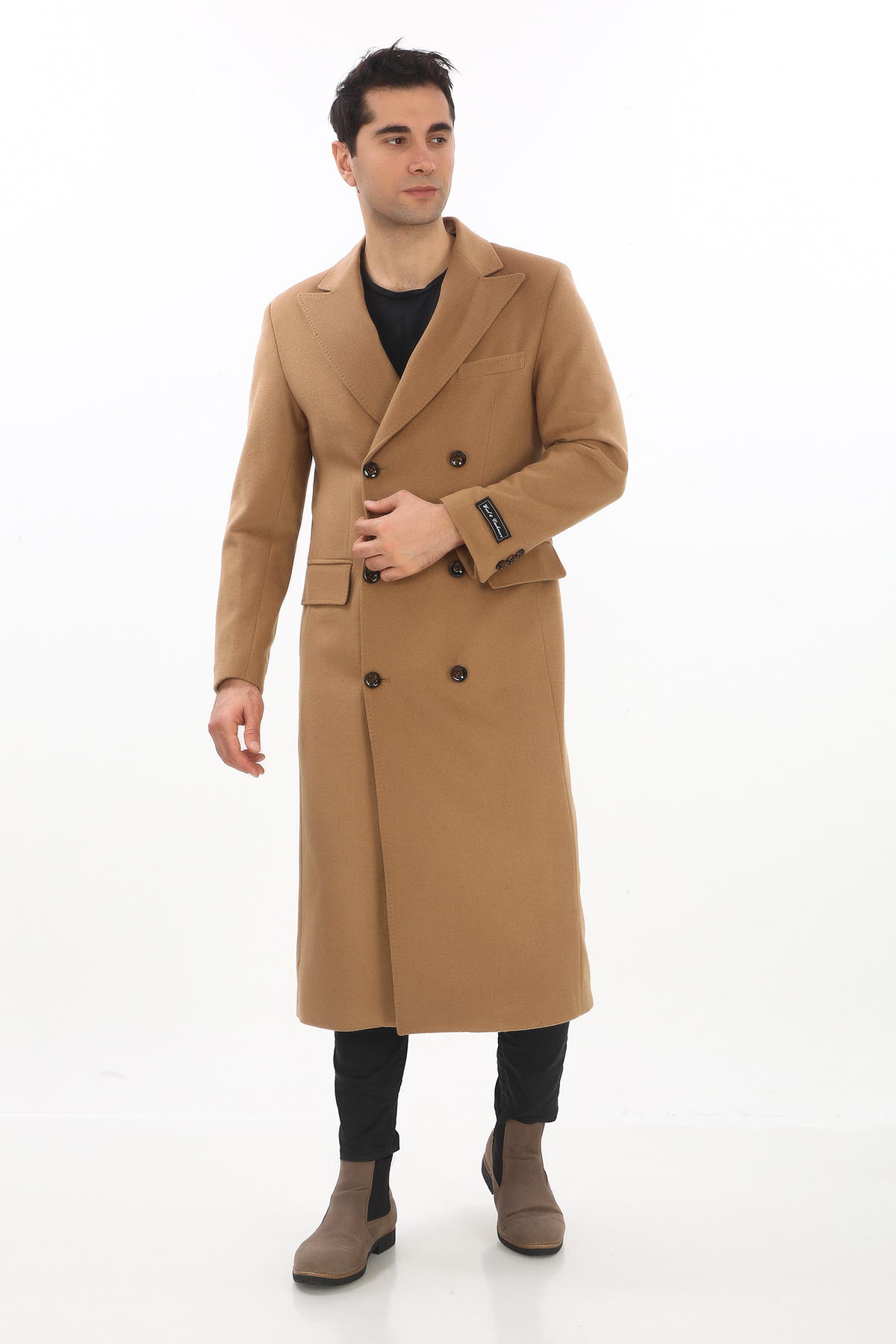 4439 Erkek Camel Kemerli Kruvaze Uzun Palto — زرد 44392024 — تصویر 5 از 6