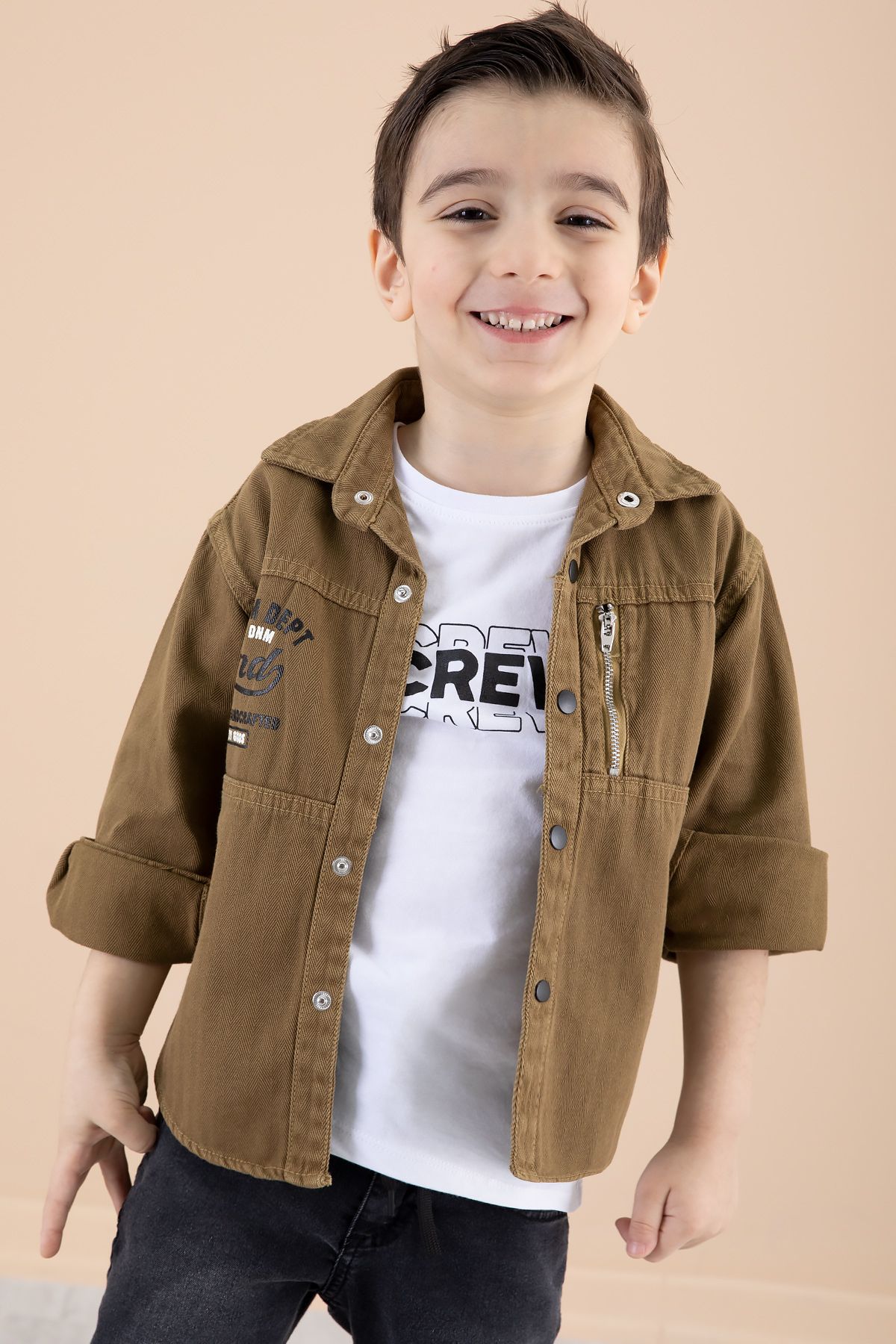 Cansın Mini-Boy's Tan Zipper Pocket Text Printed T-Shirt Jacket 20093 3