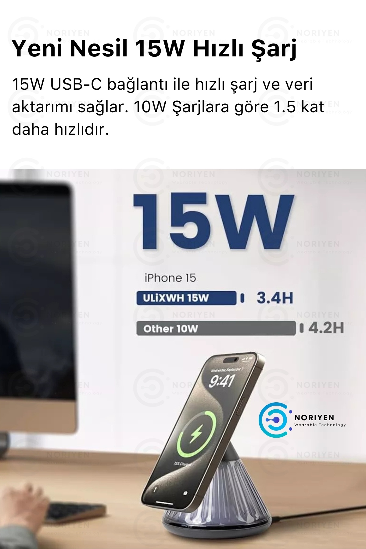 Premium 15W Manyetik Hızlı Wireless Kablosuz Şarj Standı Gece Lambalı Apple iPhone Android Uyumlu