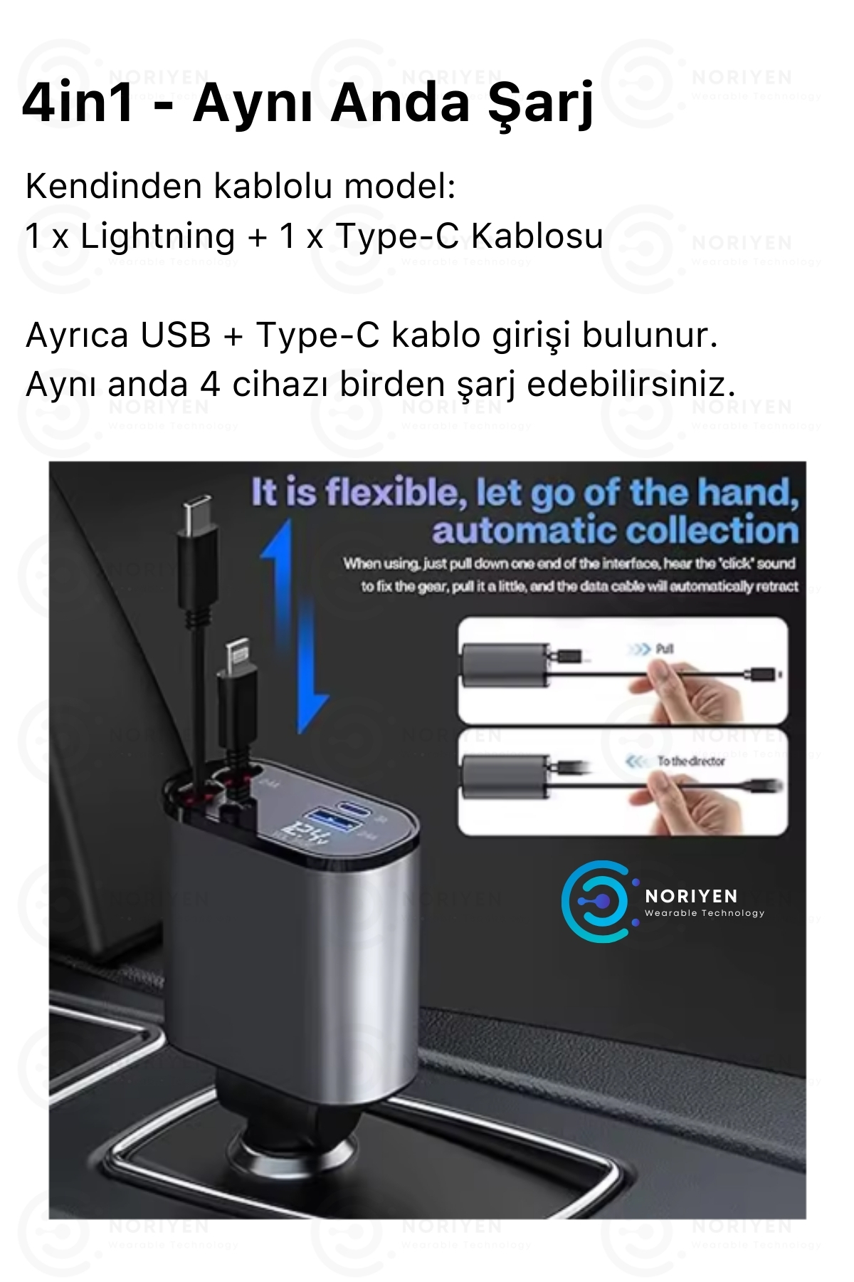 Yeni Nesil 4in1 120W Araba Hızlı Şarj Tüm Arabalara Uyumlu Type C + Lightning Kablolu Şarj Aleti