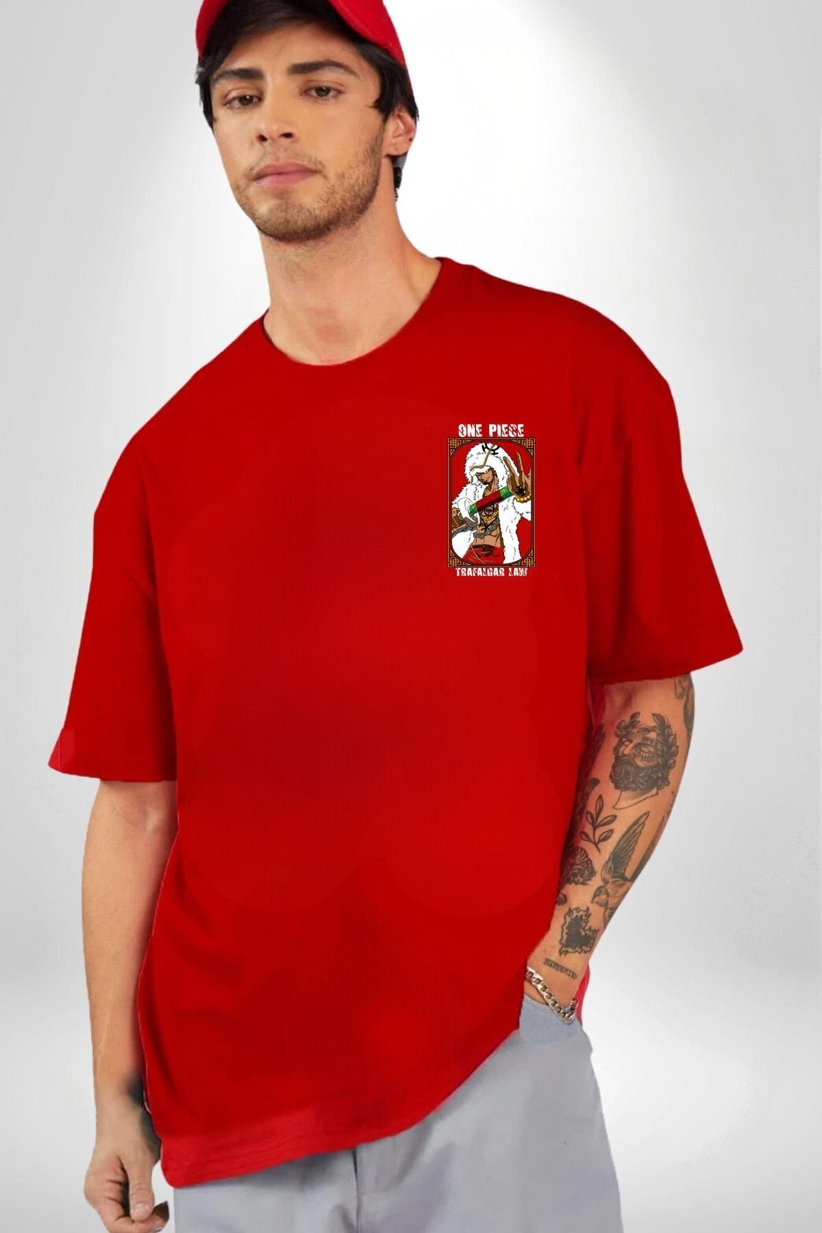 Navcoli-One Pice Trafalgar Law Anime Minimal Pocket Printed Cotton Combed Cotton Women Men Red T-Shirt 1