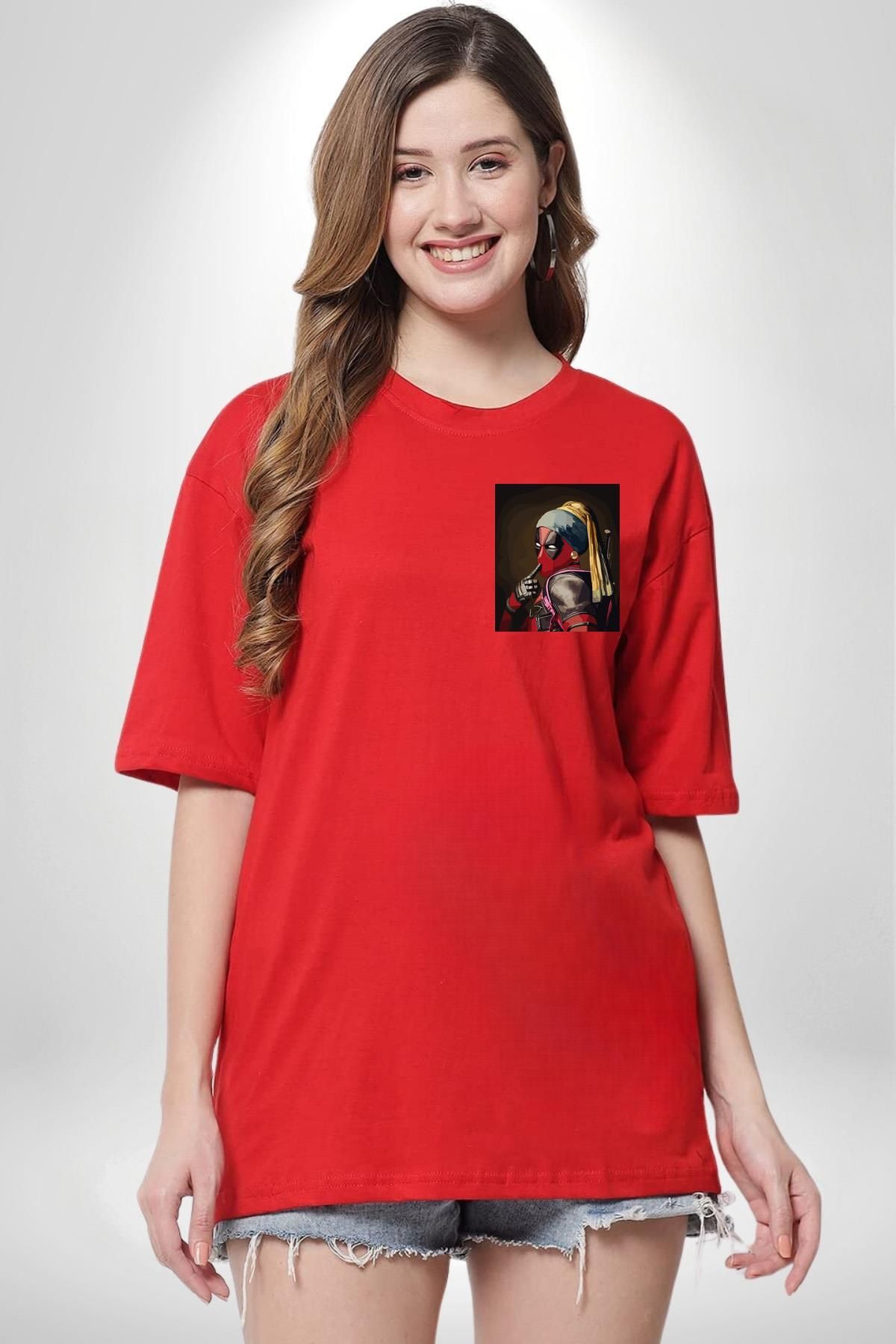 Navcoli-Deadpool Girl with Pearl Earrings Pocket Back Printed Cotton Combed Women's Men's Red T-Shirt 5