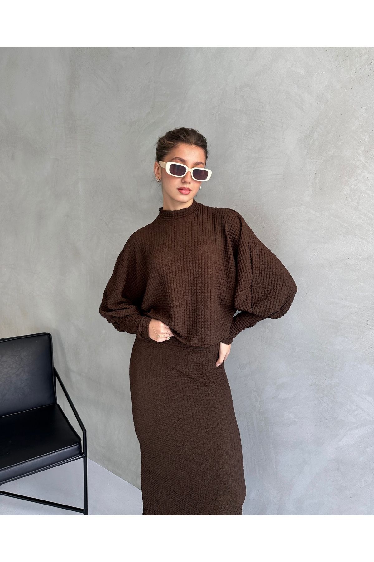 Fav Style-Brown Women's Blouse and Long Skirt Set - Half Stand Collar, Bat Sleeve and Slit Detail 3