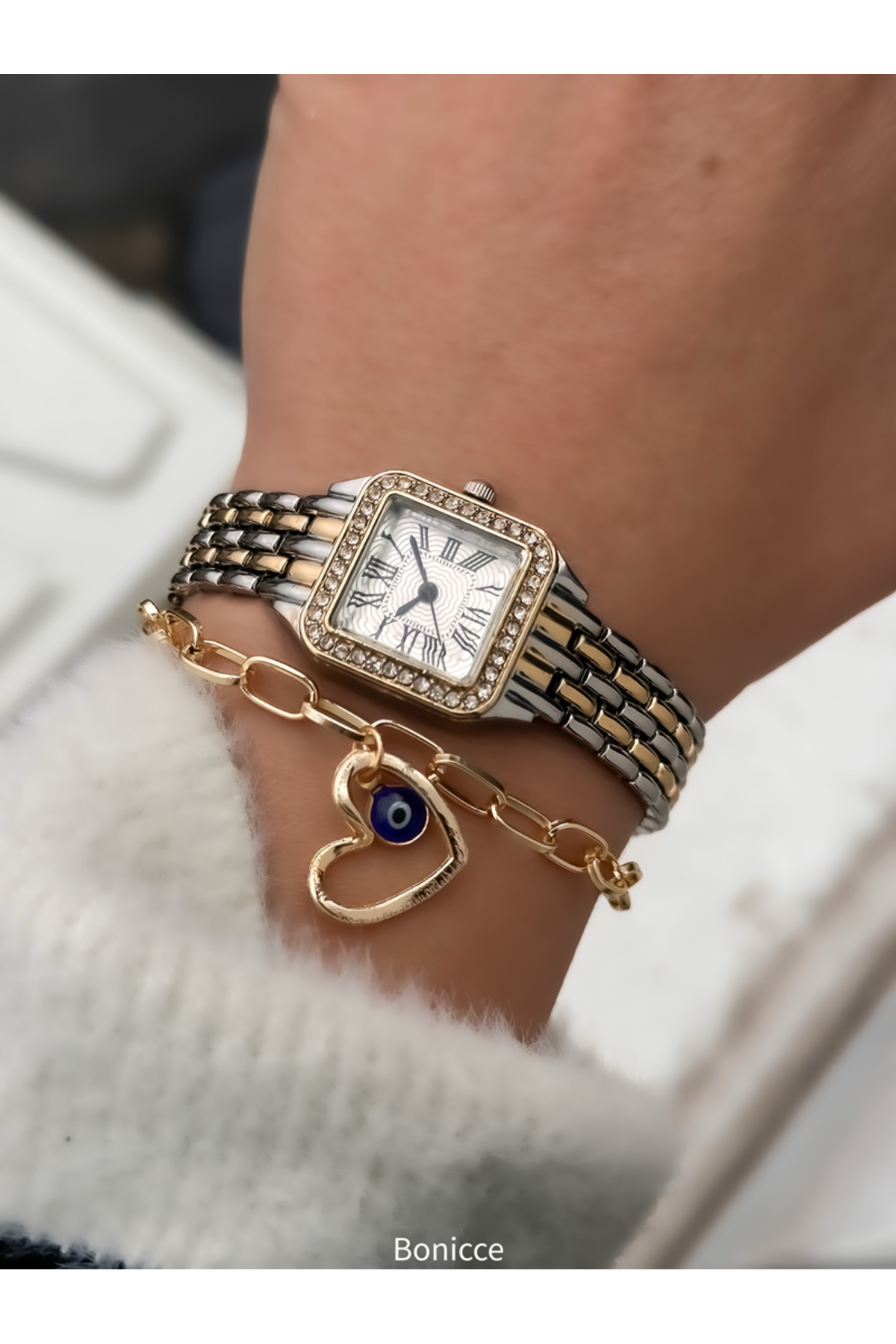 Brand Silver/yellow Color Metal Strap, In Box,Women's Wrist Watch Evil Eye Bead Bracelet