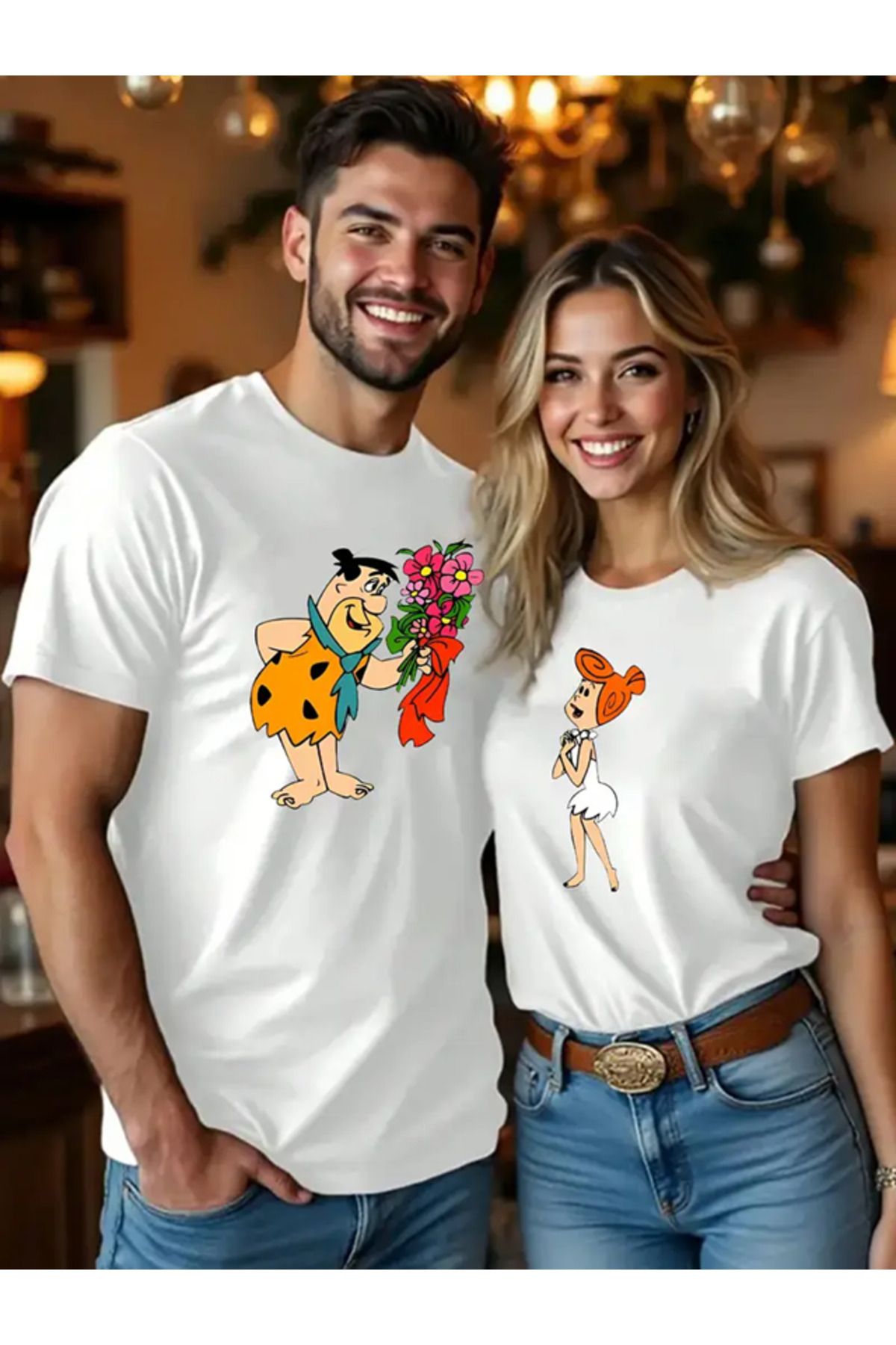 FULL TOLERANCE Sevgili çift kombini Fred ve Wilma baskılı Tshirt