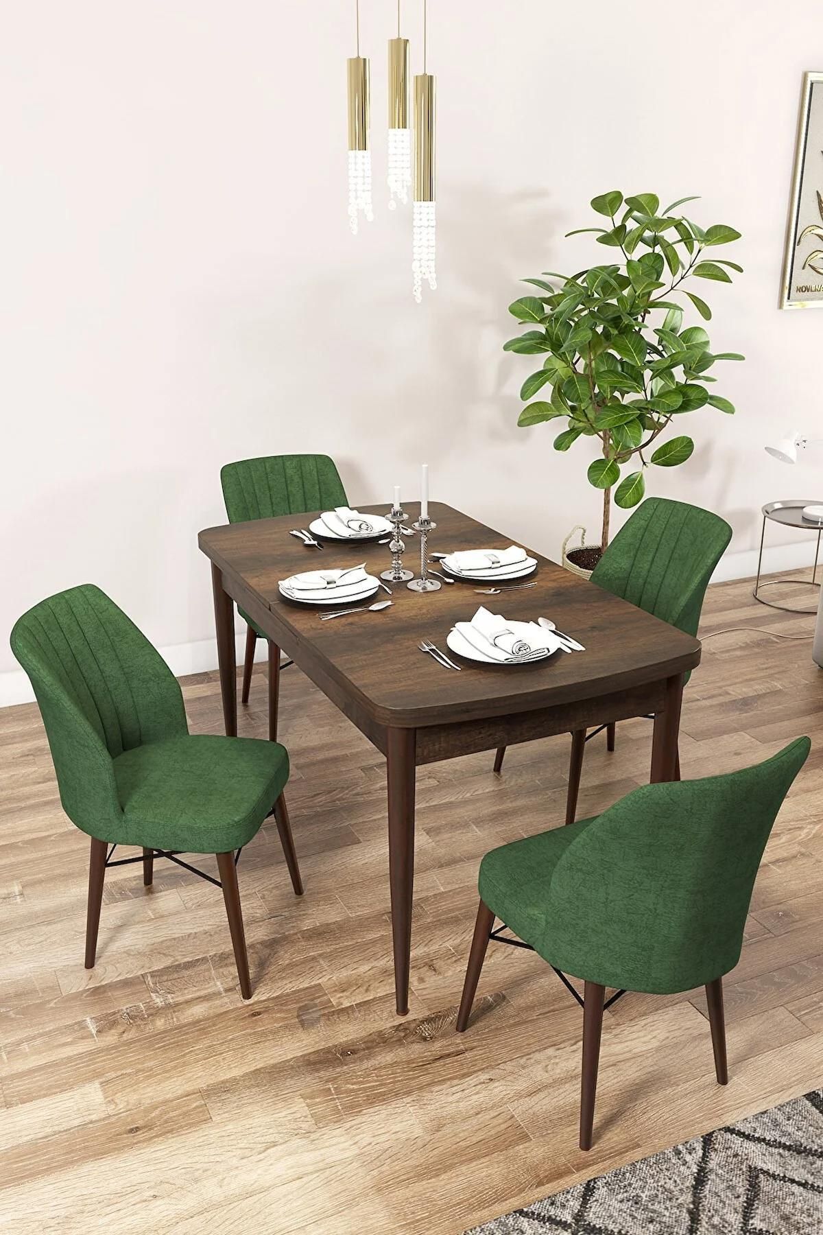 Mary Serisi Barok 70x114 Açılabilir MDF Mutfak Masası Takımı  Kumaş 4 Adet Yeşil Sandalye-0