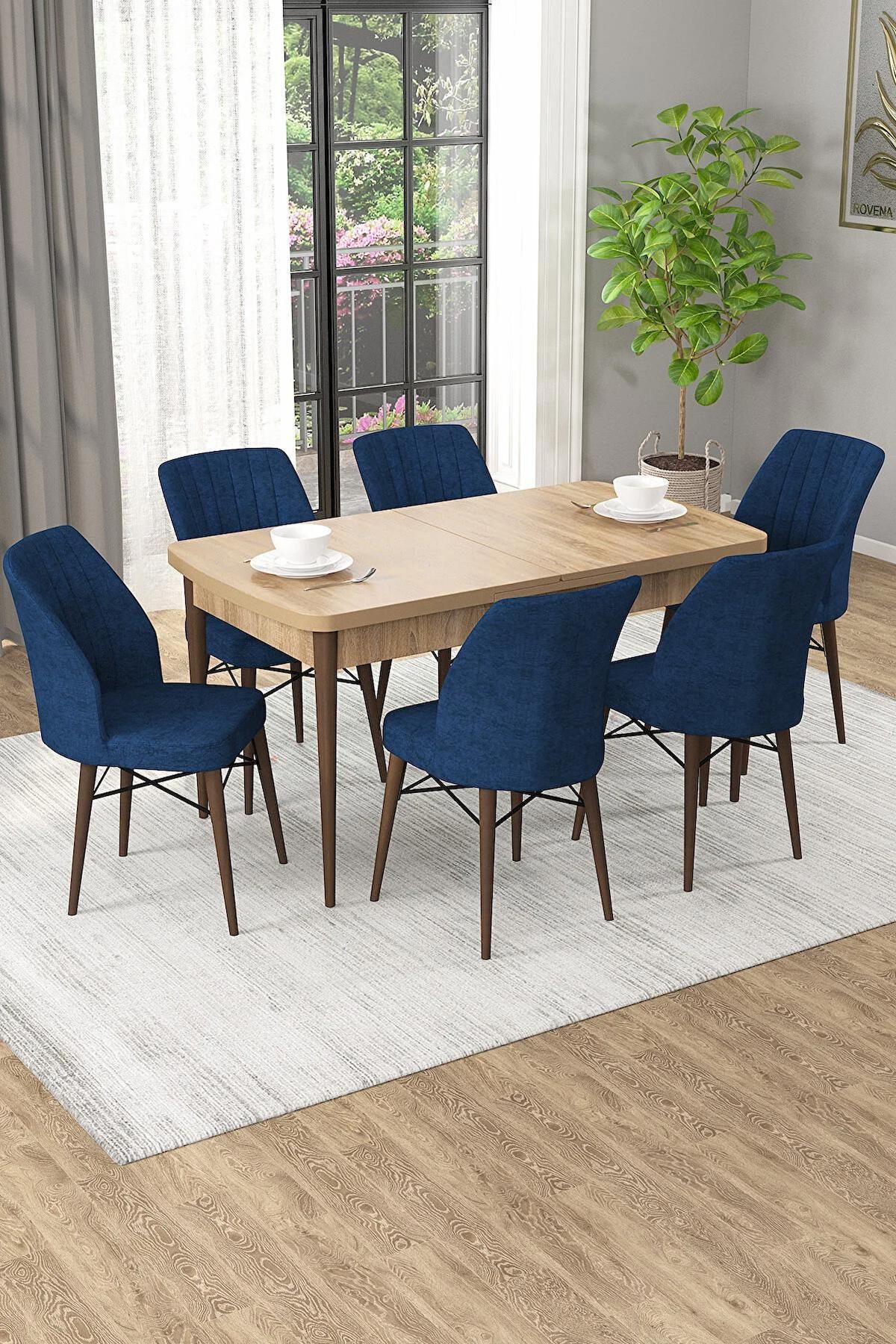 Mary Serisi Meşe 70x114 Açılabilir MDF Mutfak Masası Takımı  Kumaş 6 Adet Lacivert Sandalye-0