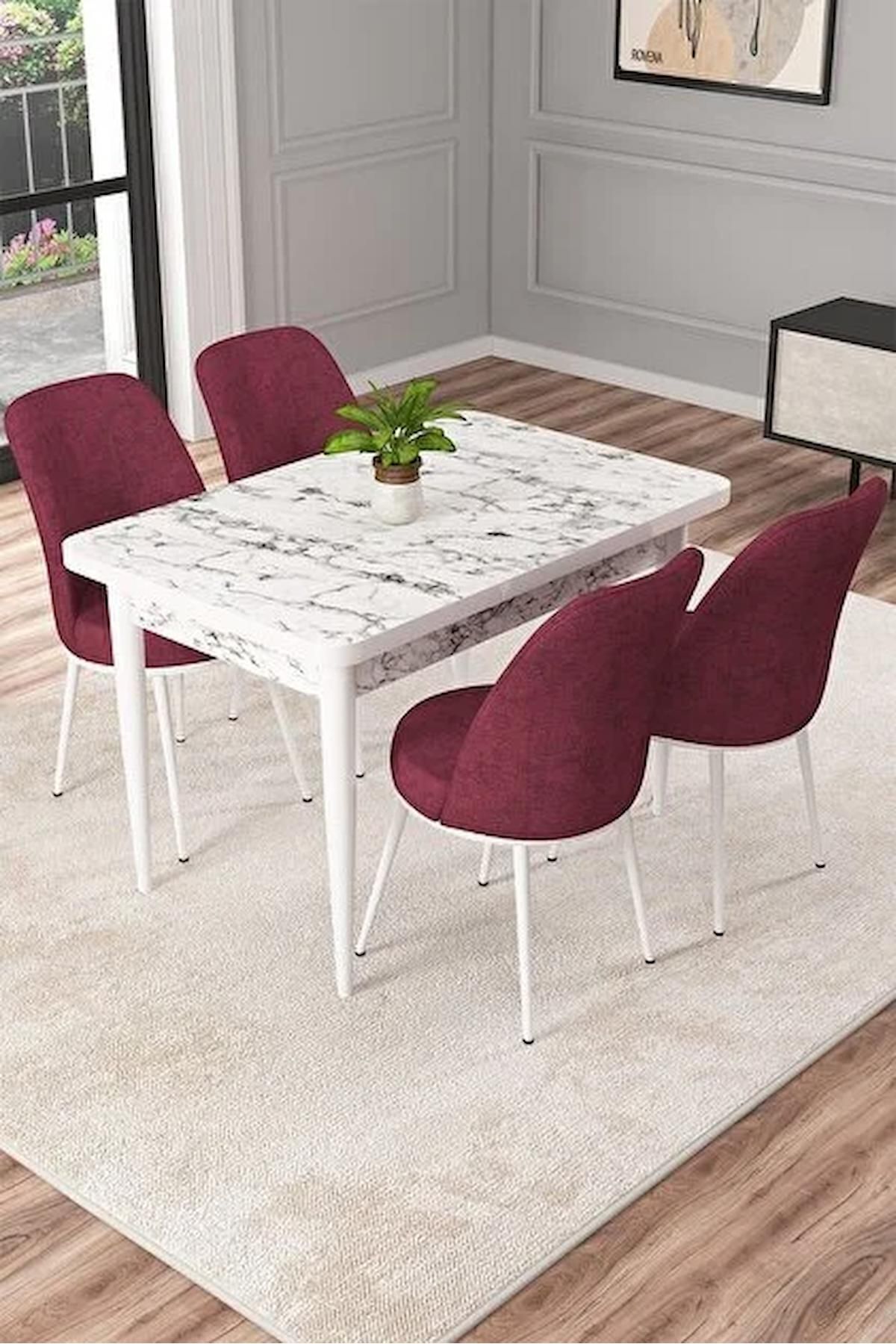 Raum Serisi Beyaz Mermer70x110 Sabit Suntalam Yemek Odası Takımı Metal Ayak 4 Adet Bordo Sandalye-1