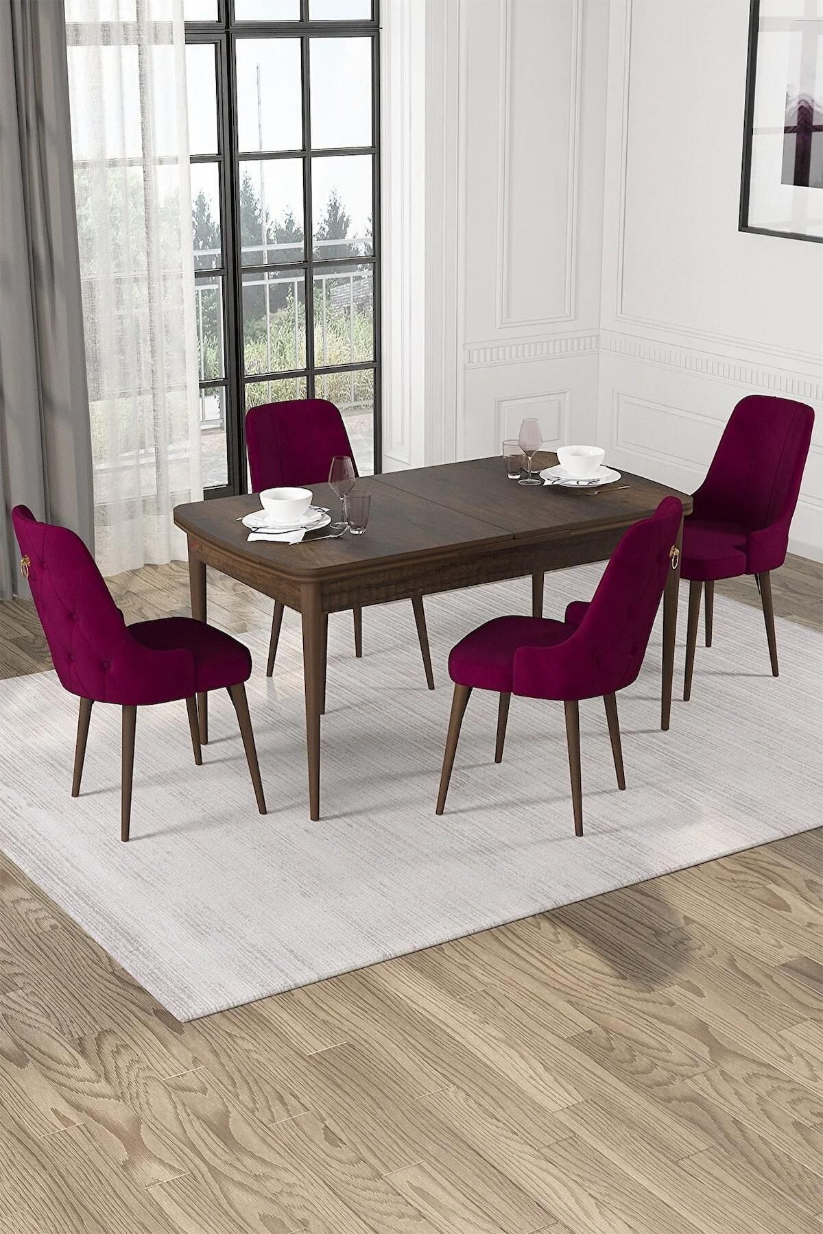Lila Serisi Barok 70x110 Açılabilir MDF Mutfak Masası Takımı  BabyFace Kumaş 4 Adet Mürdüm Sandalye-0