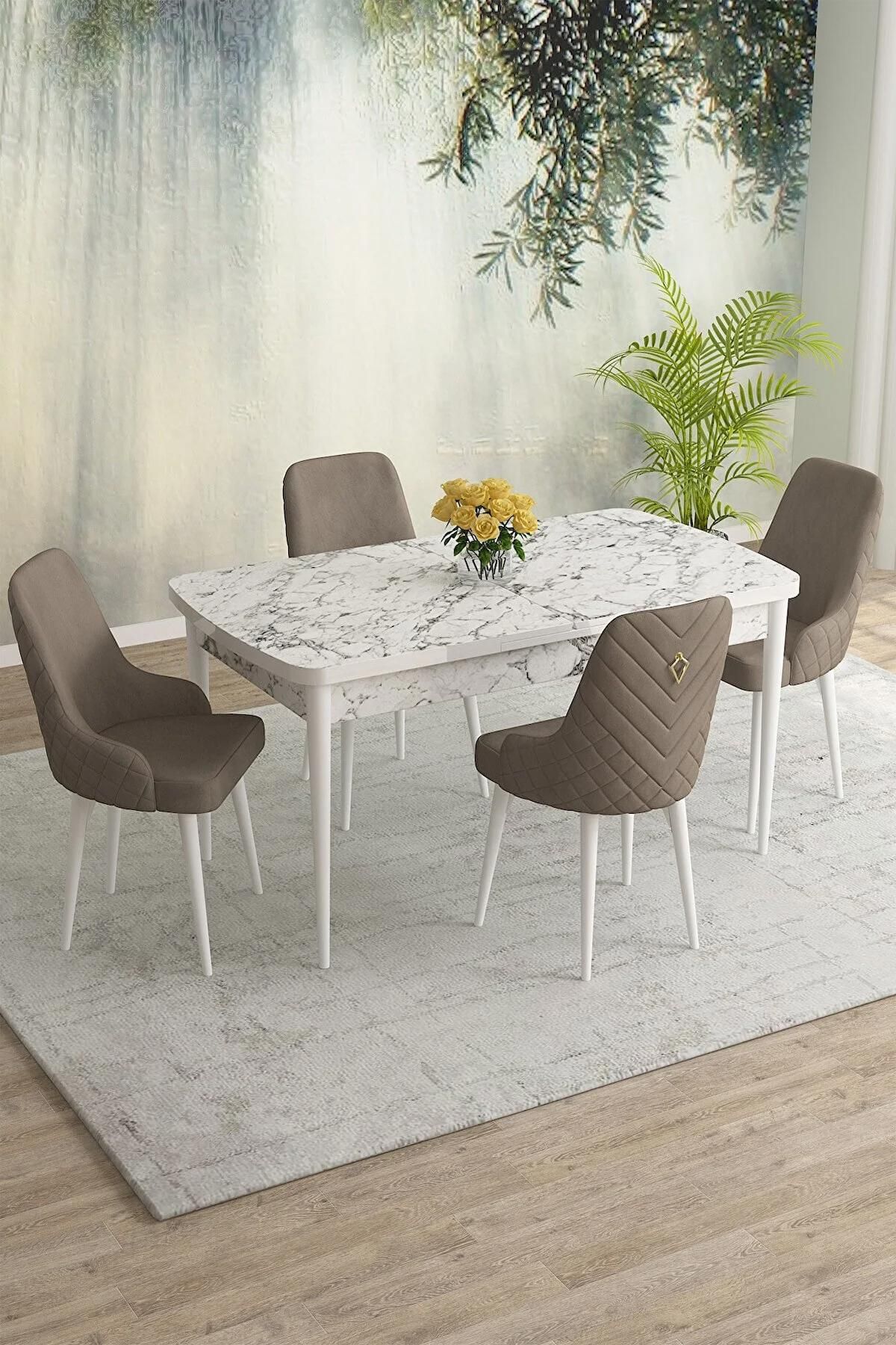 Blanca Serisi Beyaz Mermer 80x132 Açılabilir MDF  Masa Takımı  BabyFace  4 Adet Cappucino Sandalye-0